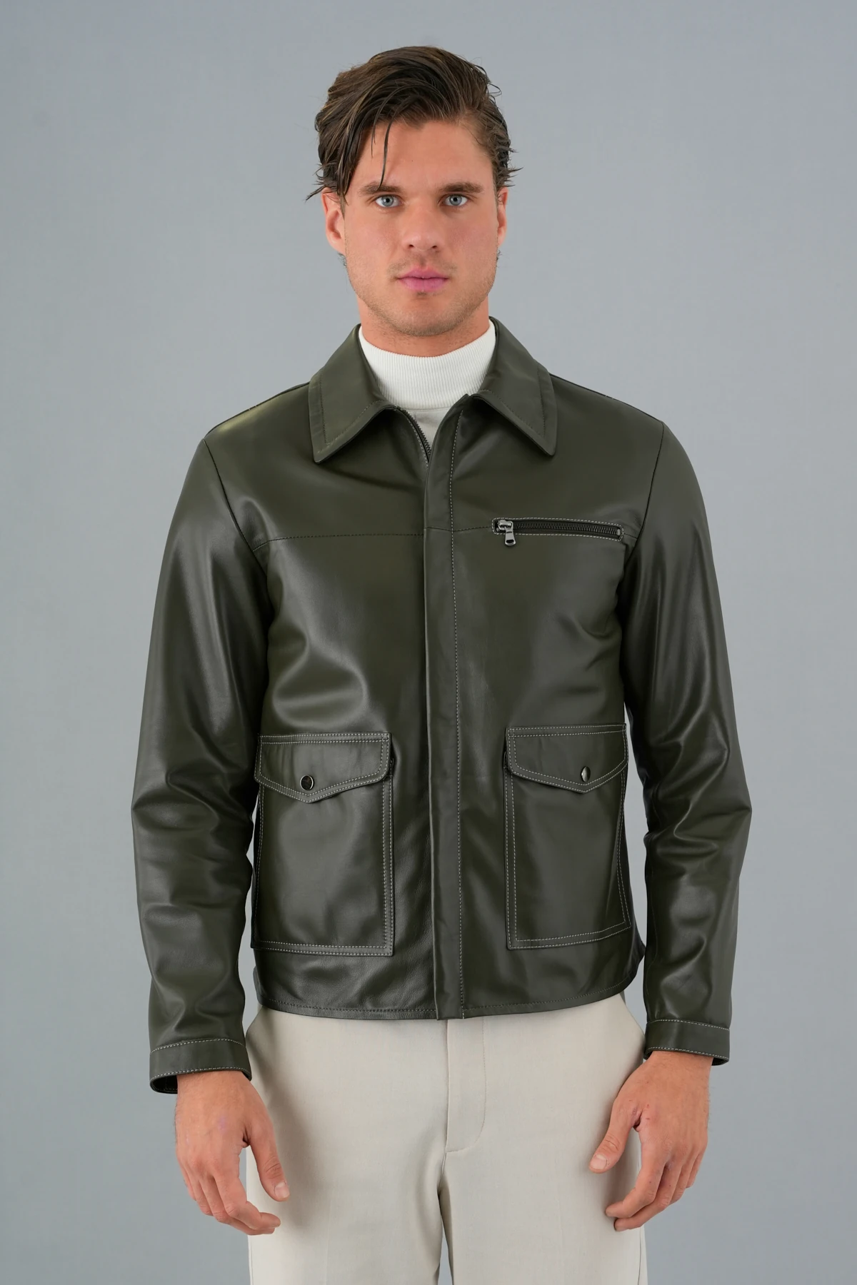 Mauro Haki Yeşil Deri Mont