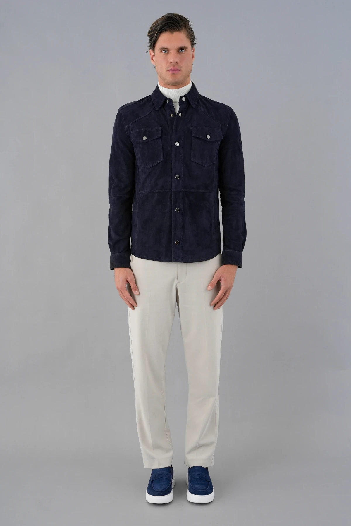 Elvis Lacivert Erkek Süet  Deri Gömlek