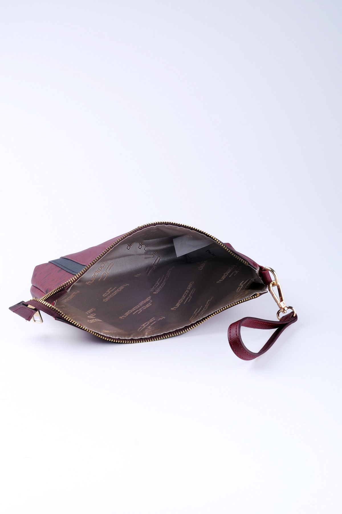 Kadın Basic Clutch Çanta Monogram Desenli Şeritli Bordo Siyah