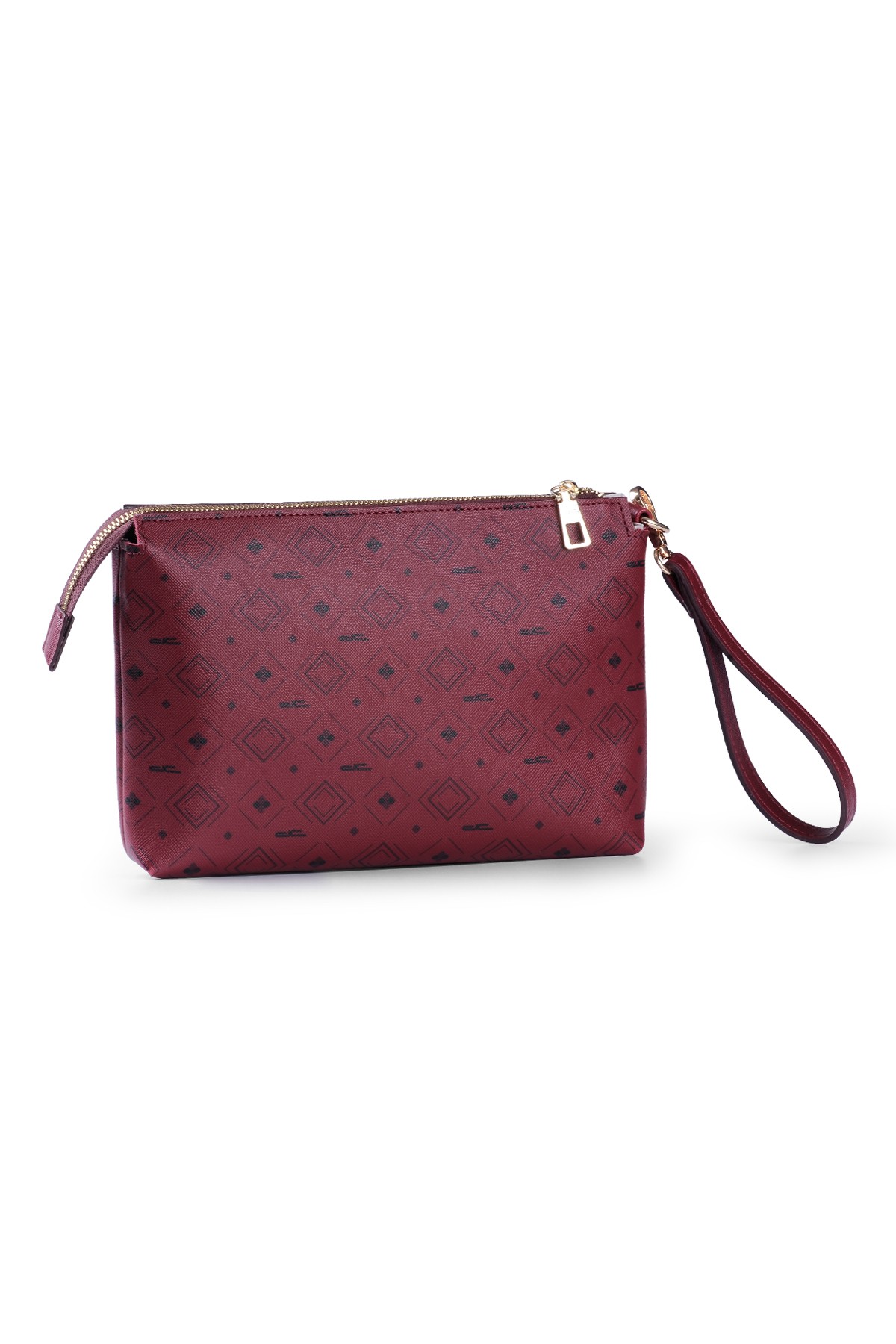 Kadın Basic Clutch Çanta Monogram Desenli Şeritli Bordo Siyah