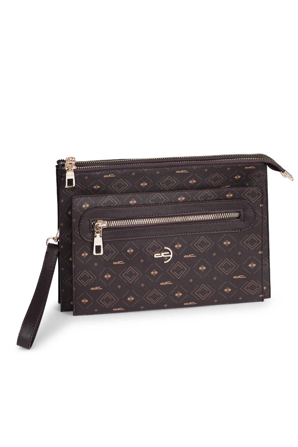 Kadın Basic Clutch Çanta Monogram Desen Kahverengi Taba