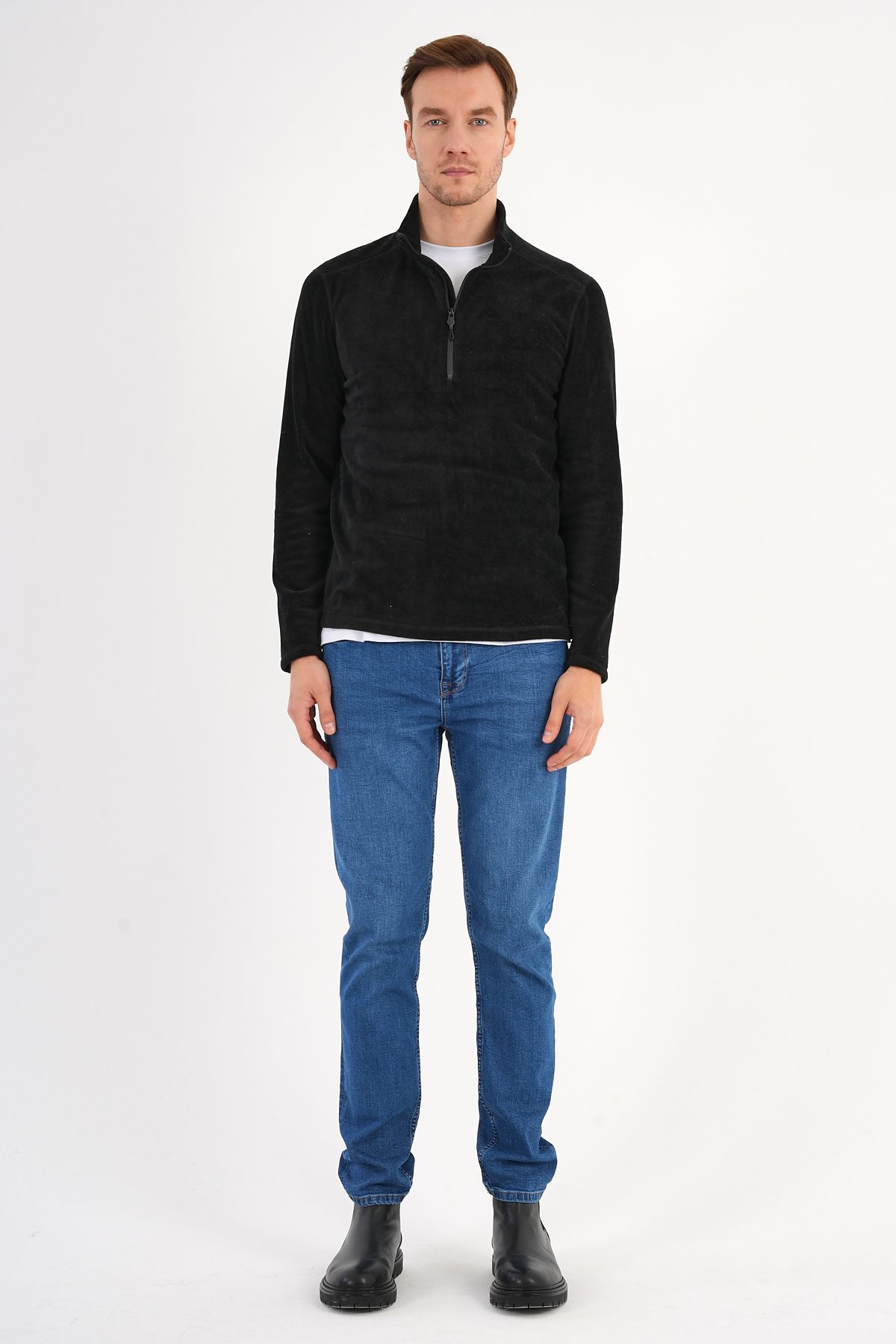 Siyah Polar Sweatshirt Erkek Dik Yaka