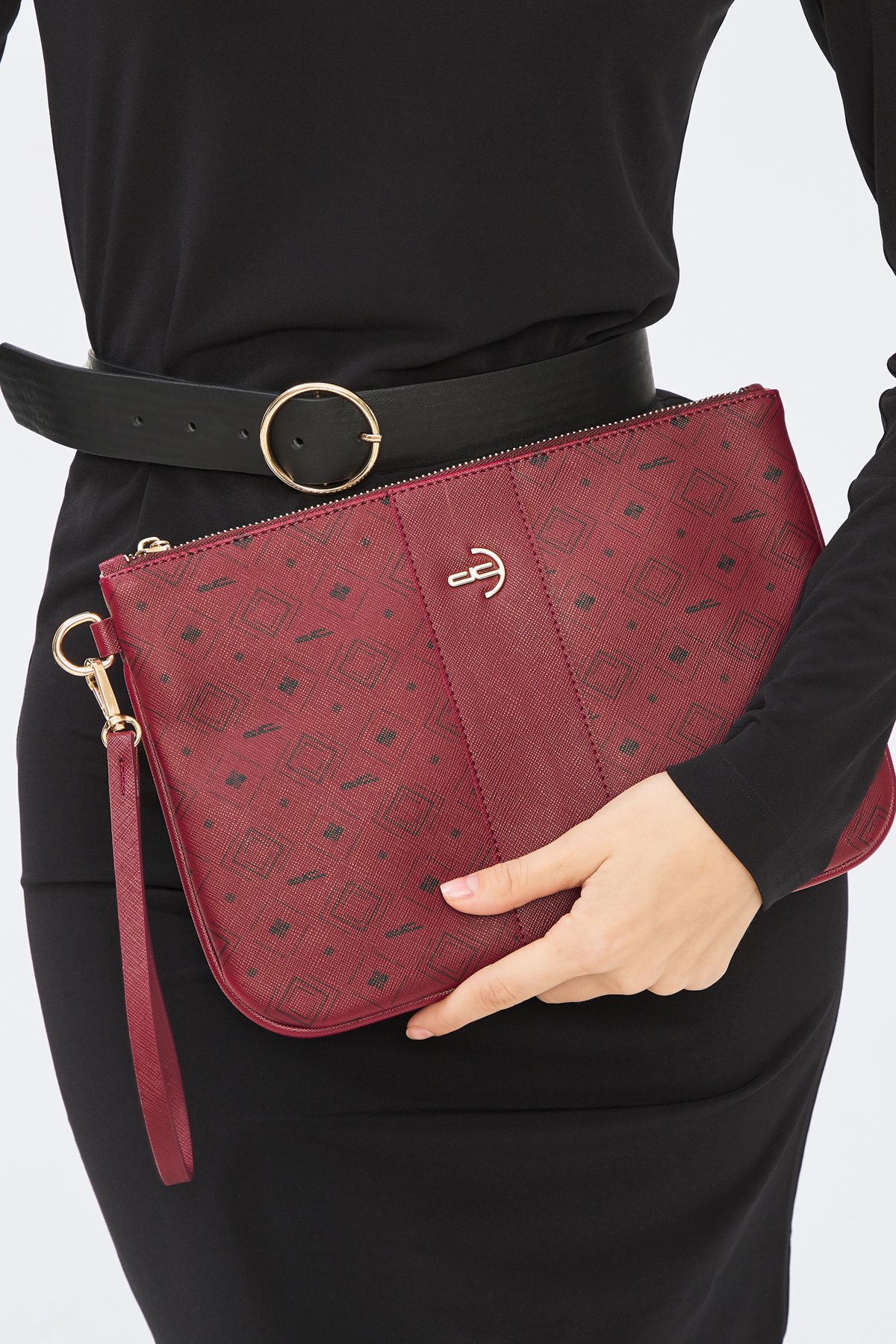 Kadın Basic Clutch Çanta Monogram Desenli Şeritli Logolu Bordo