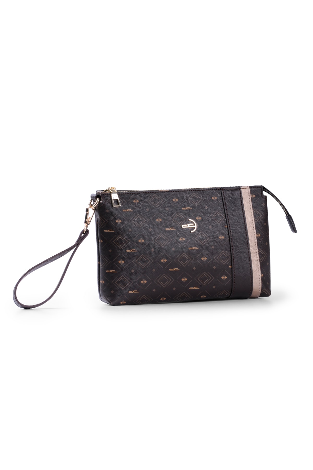 Kadın Basic Clutch Çanta Monogram Desenli Şeritli Kahverengi Taba