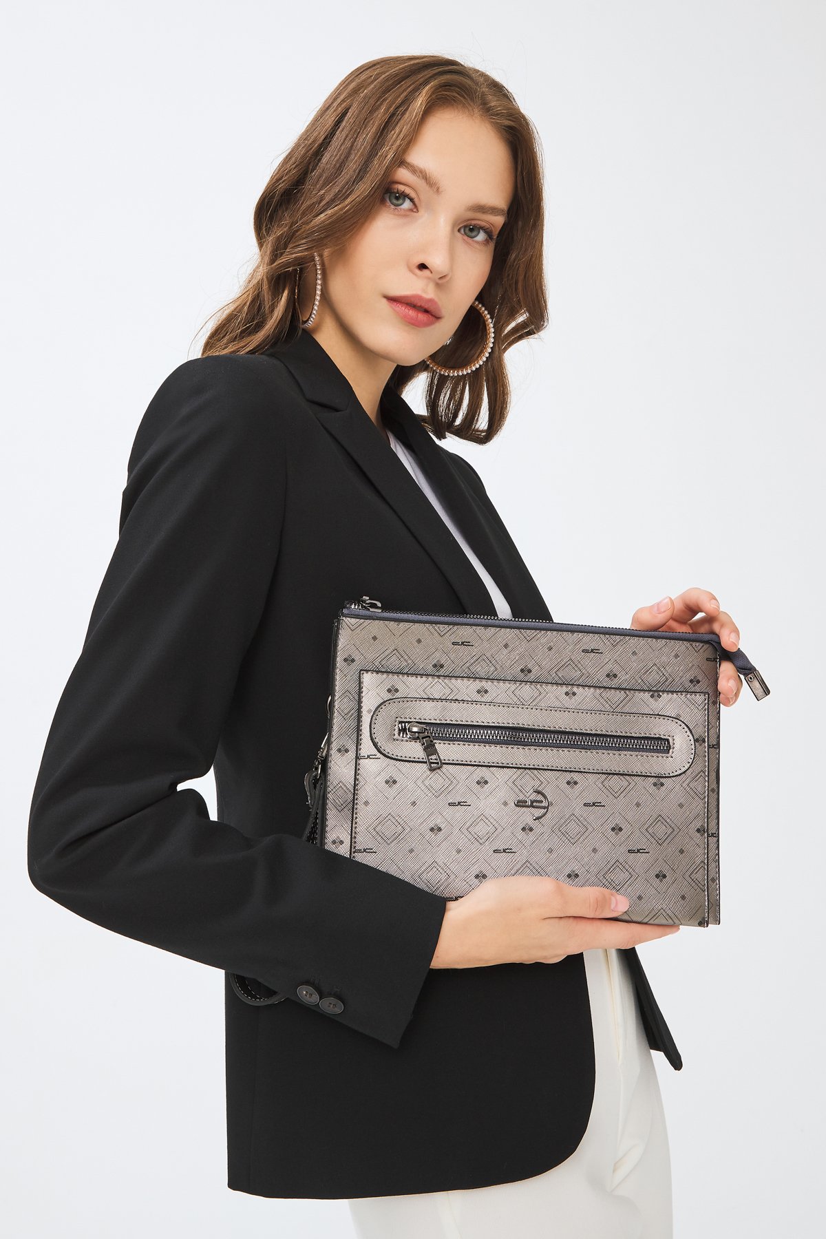 Kadın Basic Clutch Çanta Monogram Desen Gümüş Siyah
