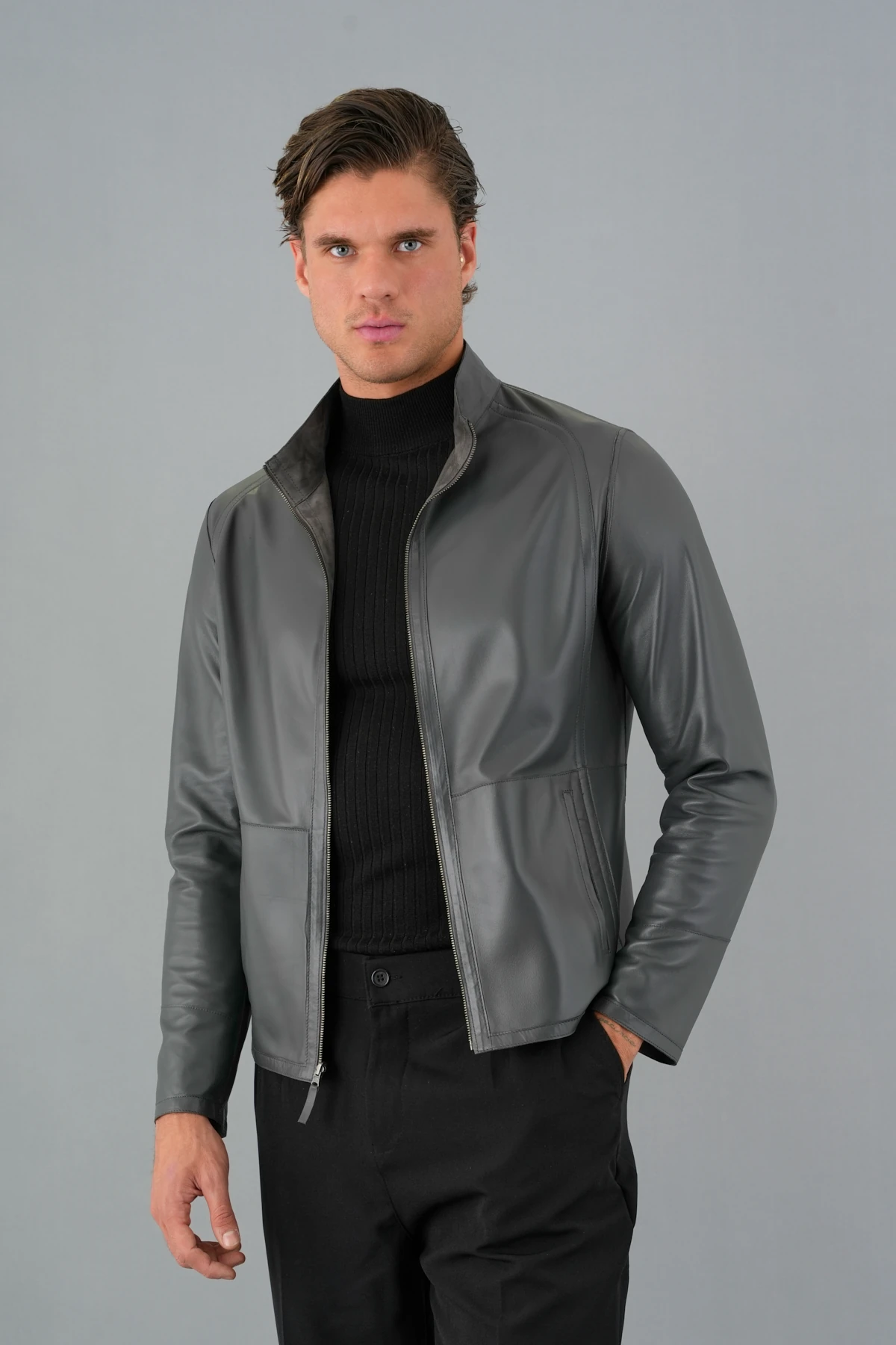 Denzel Gri Erkek Deri Mont