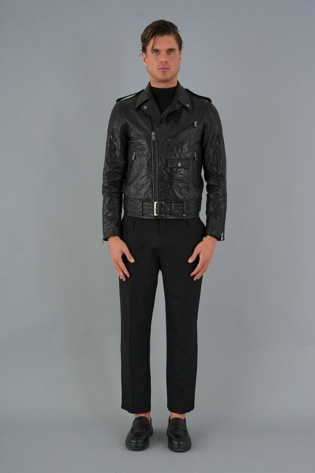 Adrien Siyah Erkek Deri Mont