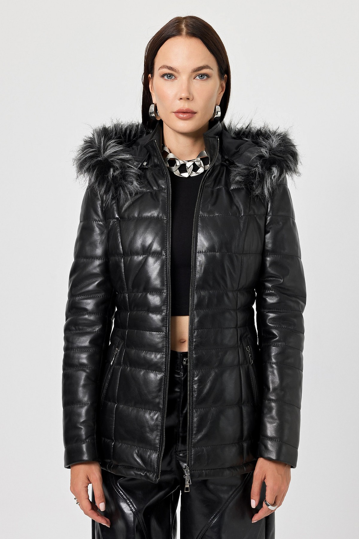 Candenza Women's Black Furry Leather Coat