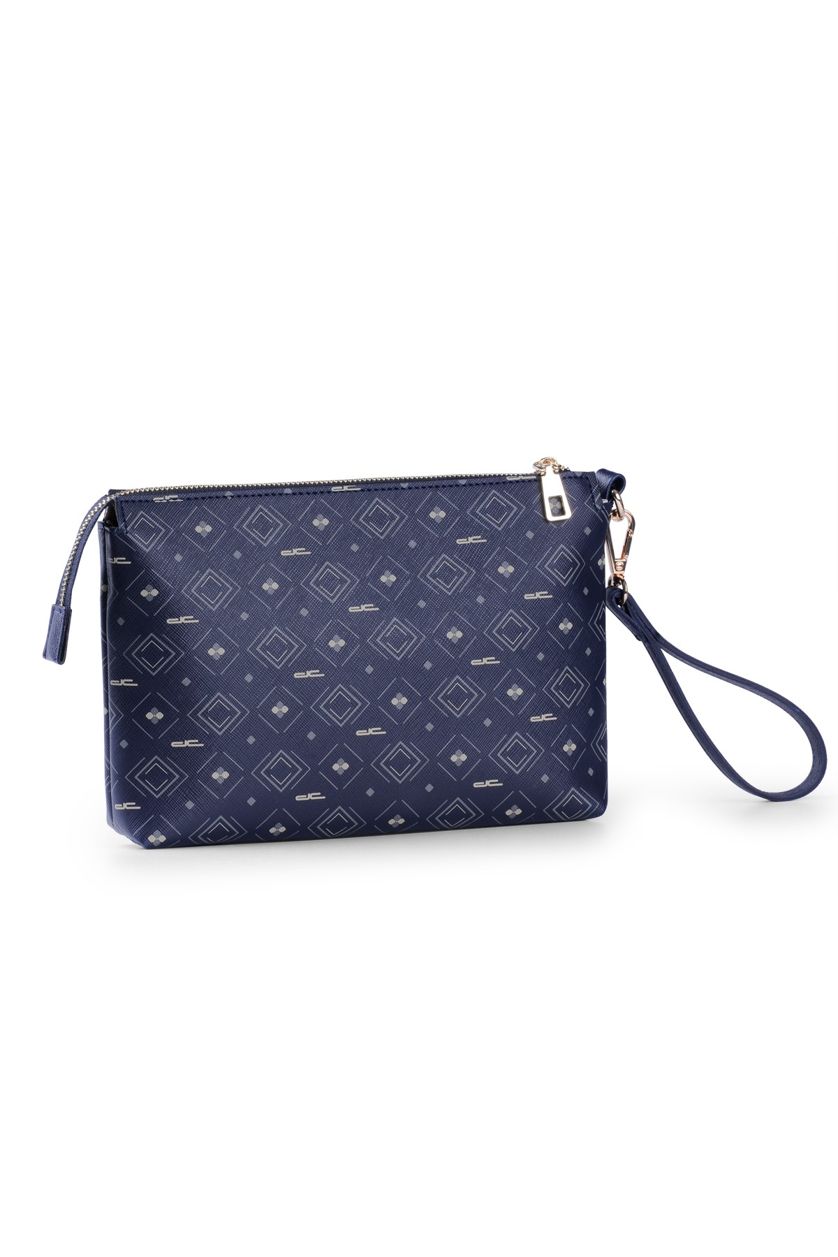 Kadın Basic Clutch Çanta Monogram Desenli Şeritli Lacivert Beyaz