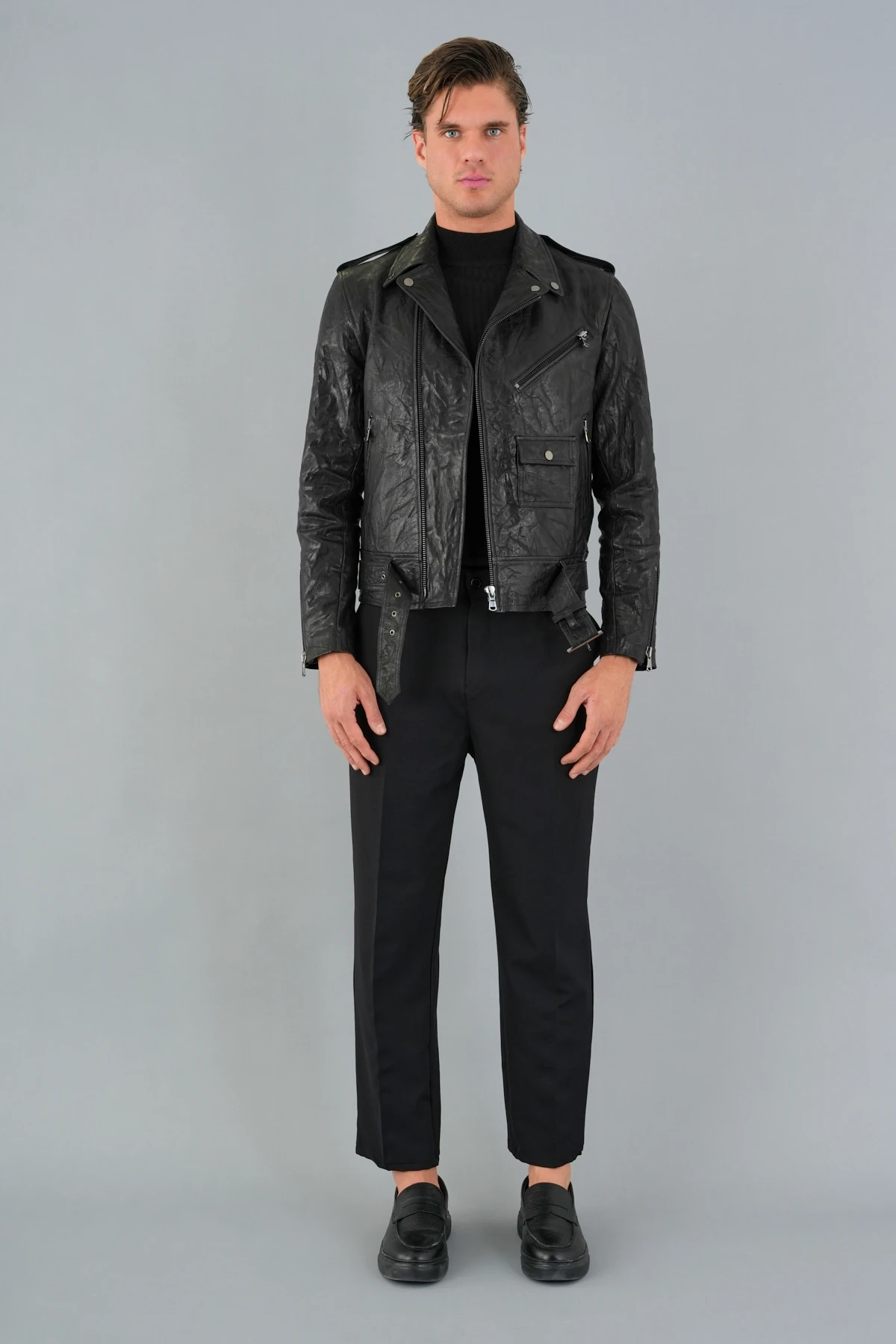 Adrien Siyah Erkek Deri Mont