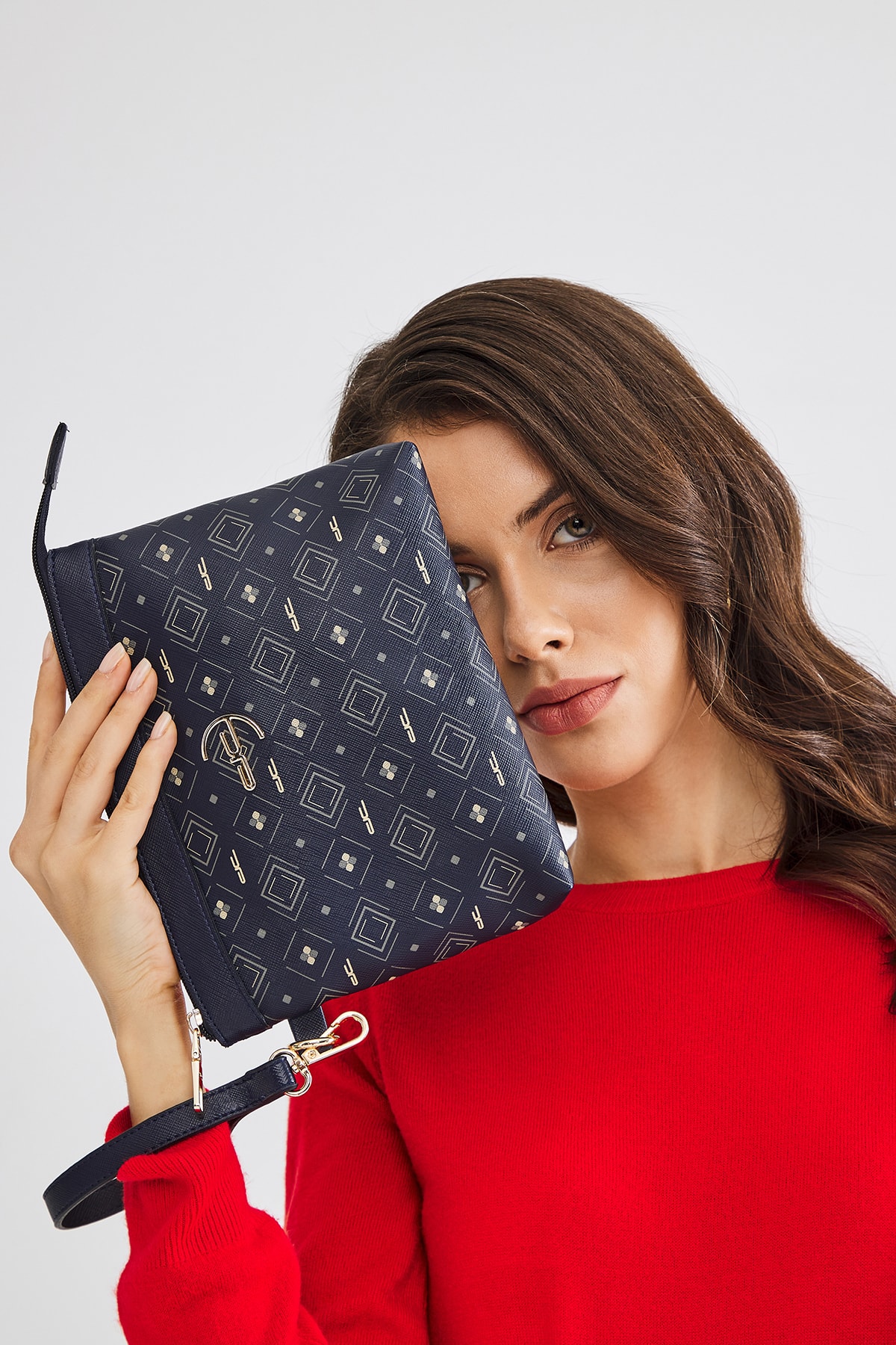 Kadın Basic Clutch Çanta Monogram Desenli Logolu Lacivert Beyaz