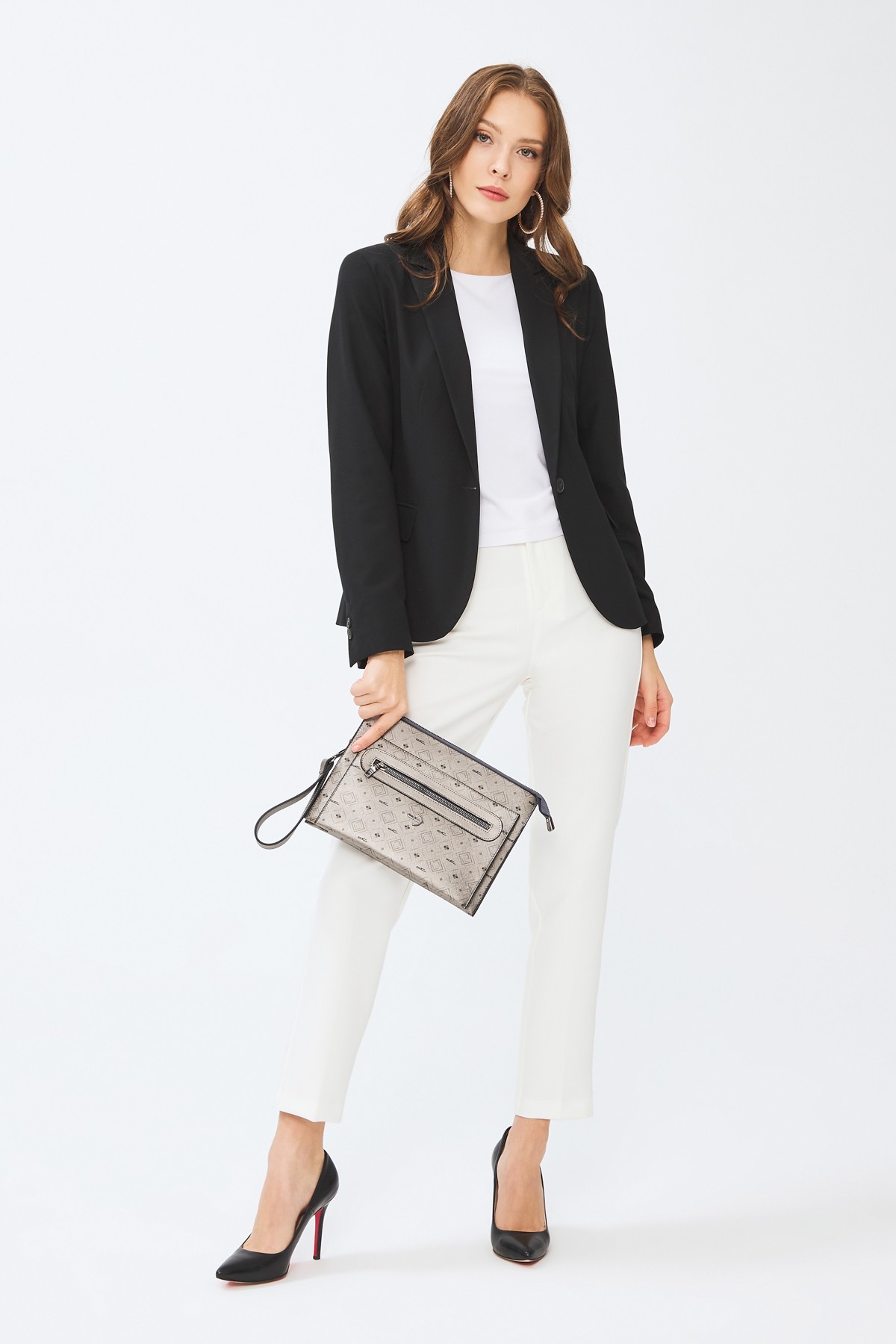 Kadın Basic Clutch Çanta Monogram Desen Gümüş Siyah