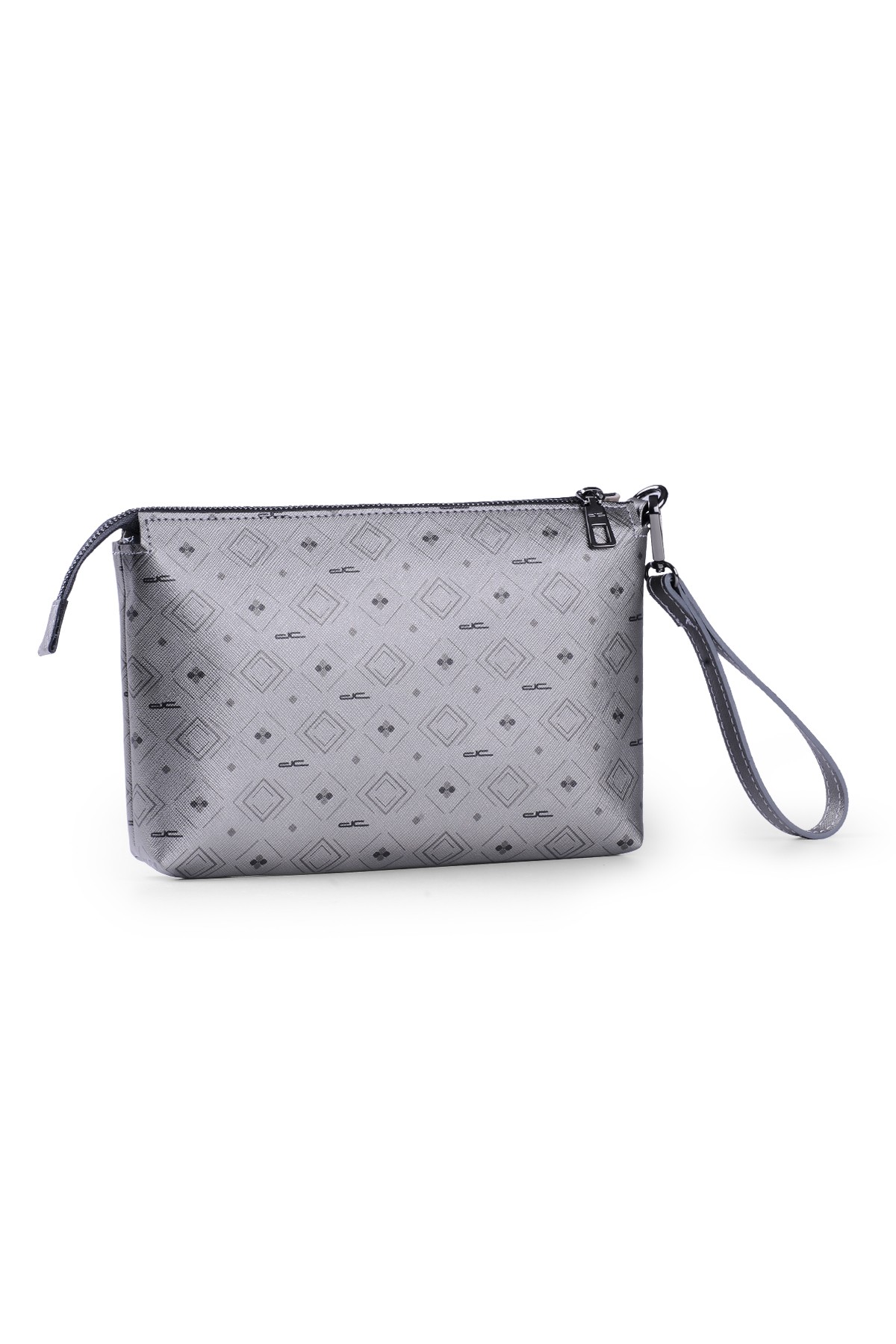 Kadın Basic Clutch Çanta Monogram Desenli Şeritli Gümüş Siyah