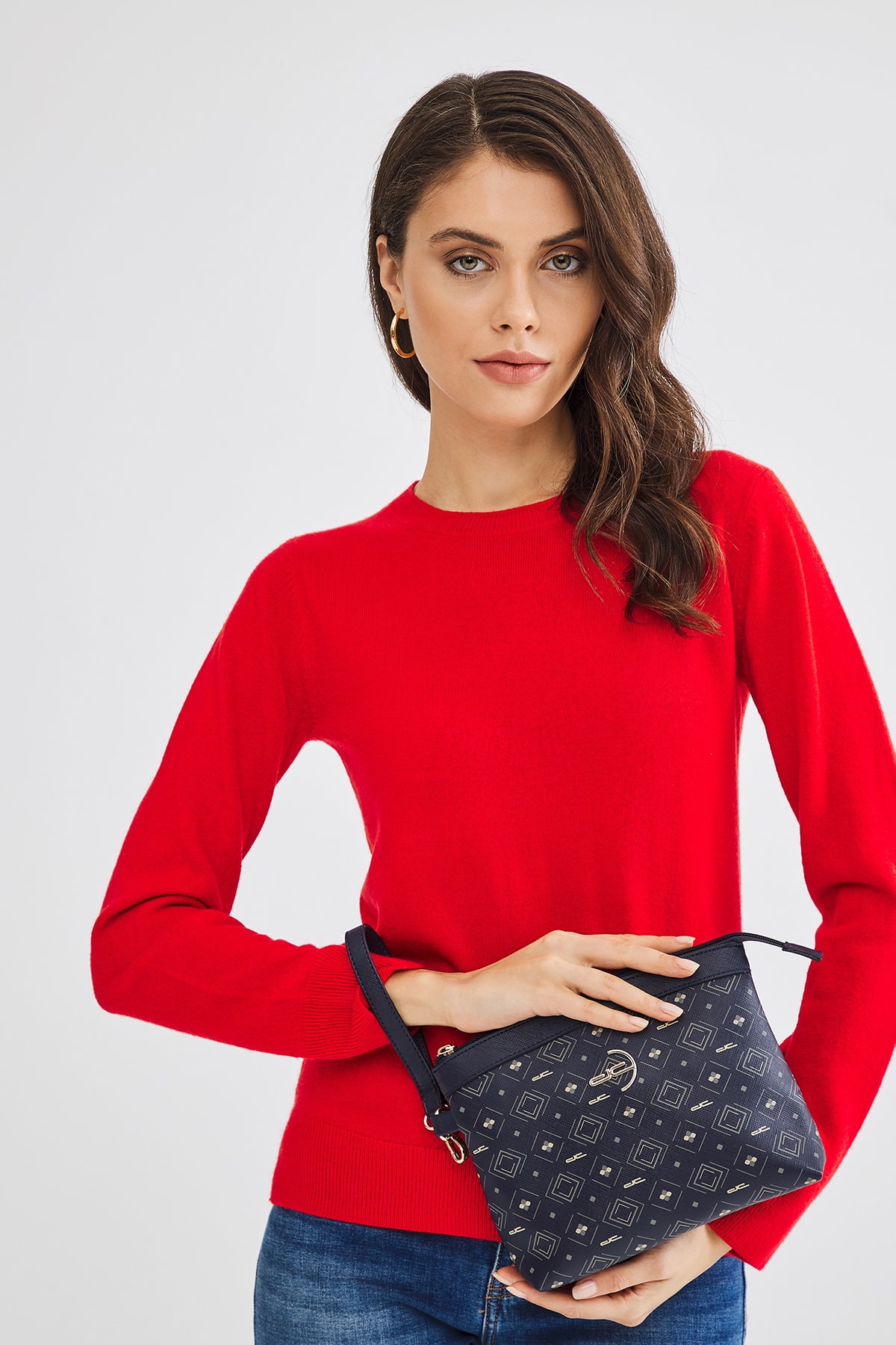 Kadın Basic Clutch Çanta Monogram Desenli Logolu Lacivert Beyaz