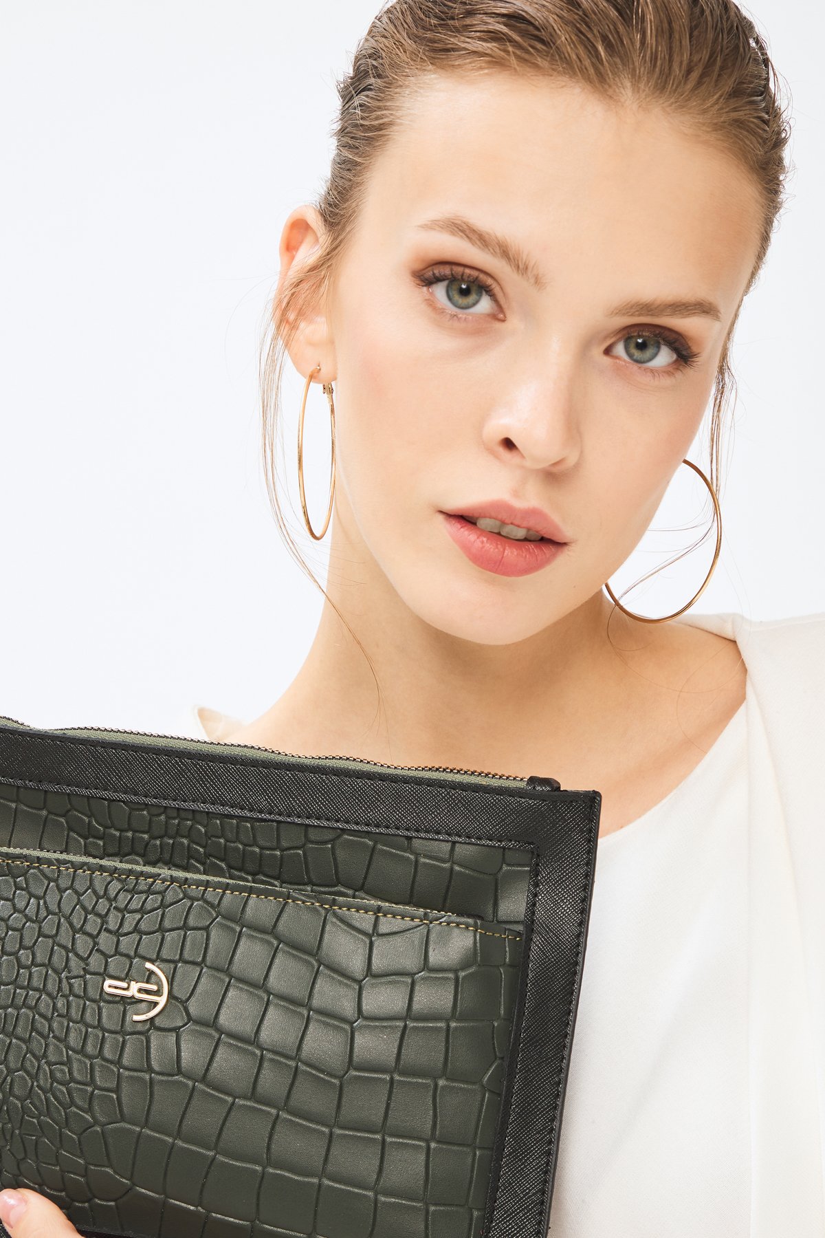 Kadın Basic Clutch Çanta Kroko Timsah Desen Yeşil