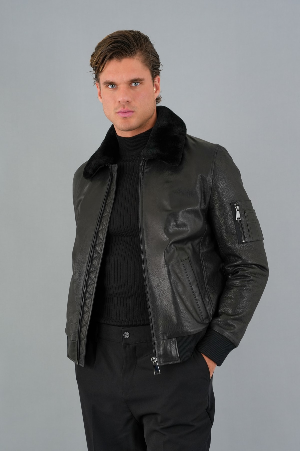 Albert Siyah Erkek Deri Mont