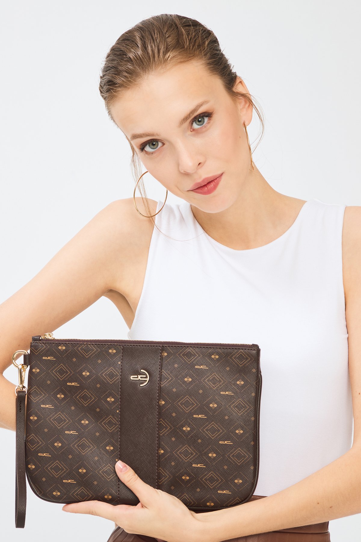 Kadın Basic Clutch Çanta Monogram Desenli Şeritli Logolu Kahverengi