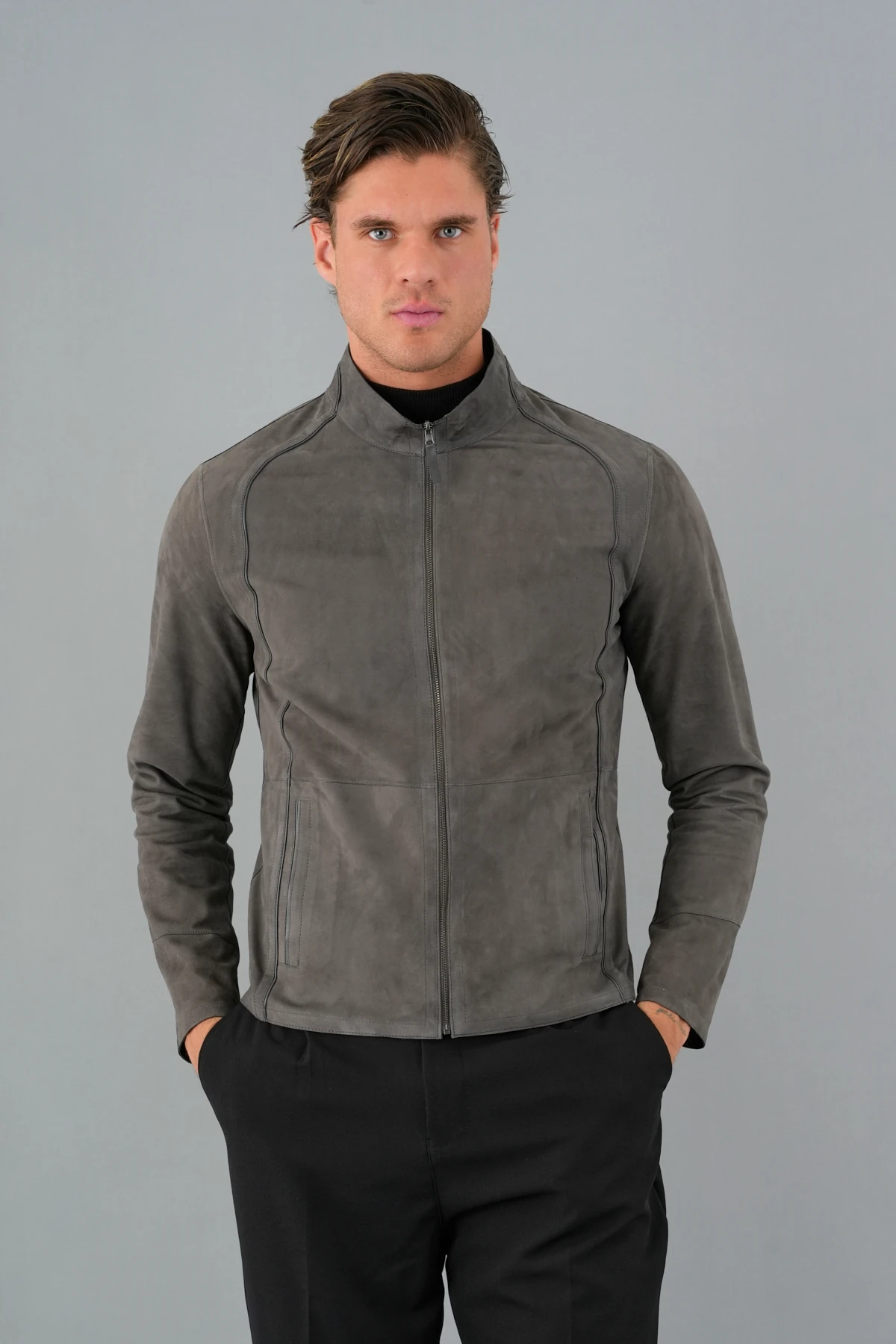 Denzel Gri Erkek Deri Mont