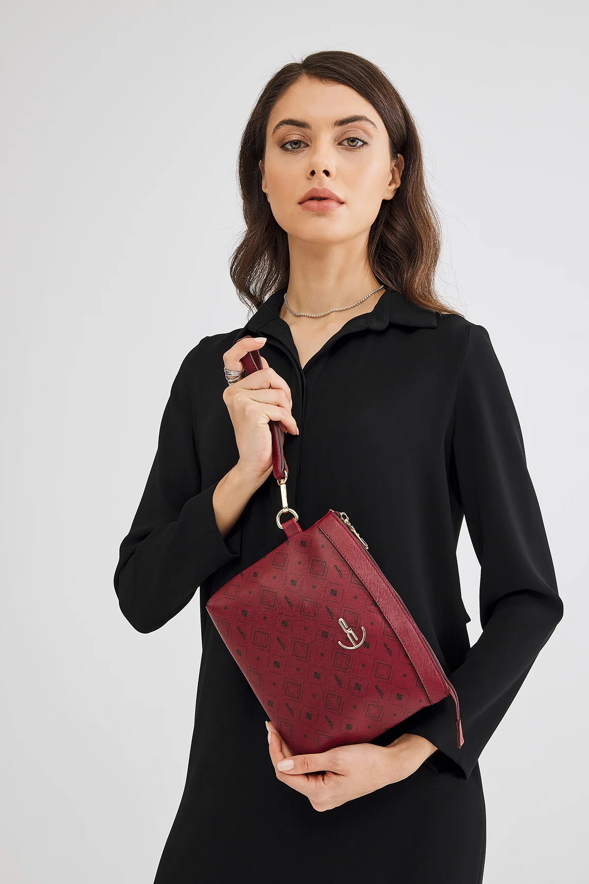 Women's Basic Clutch Bag Monogram Patterned Logo Burgundy Black