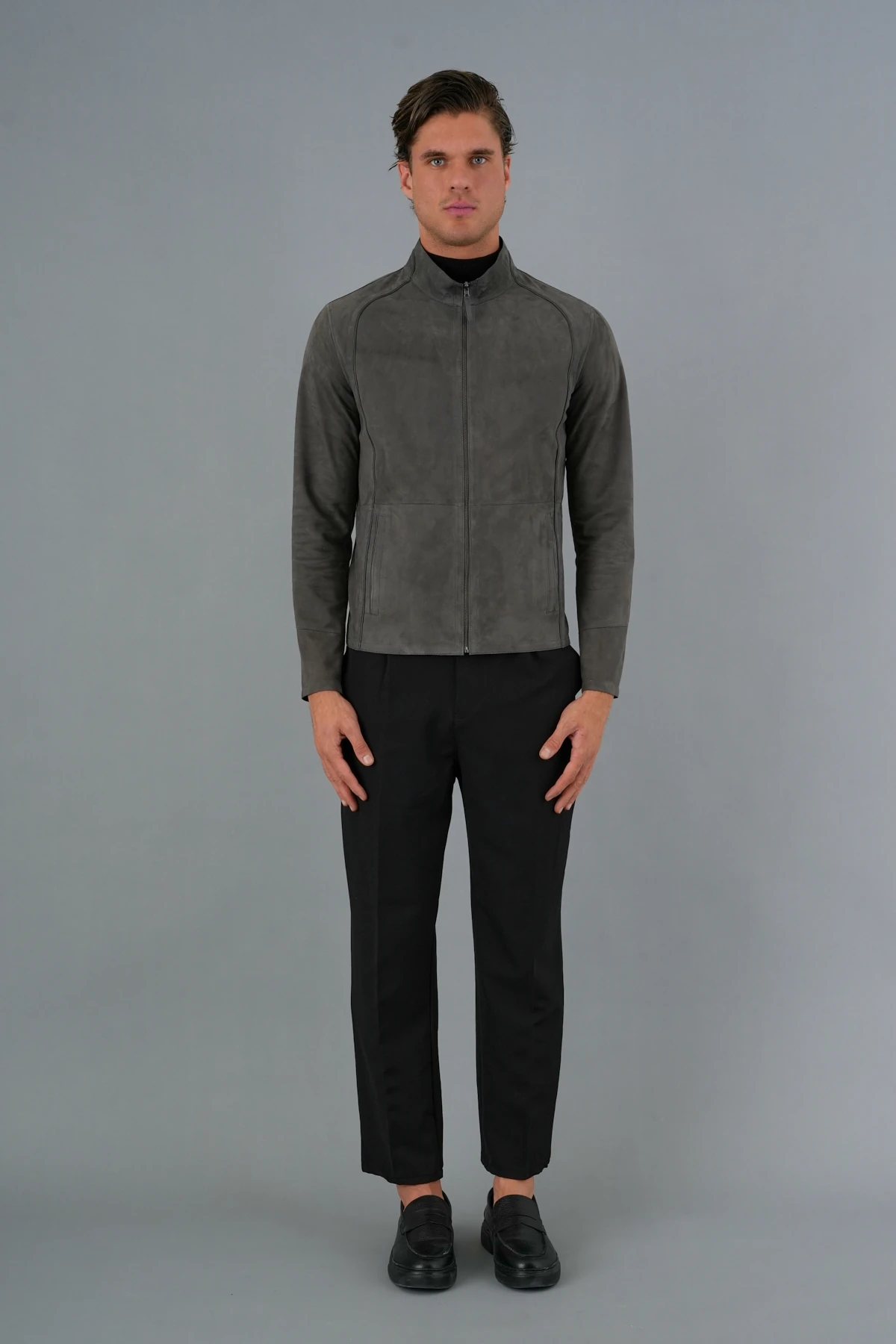 Denzel Gri Erkek Deri Mont