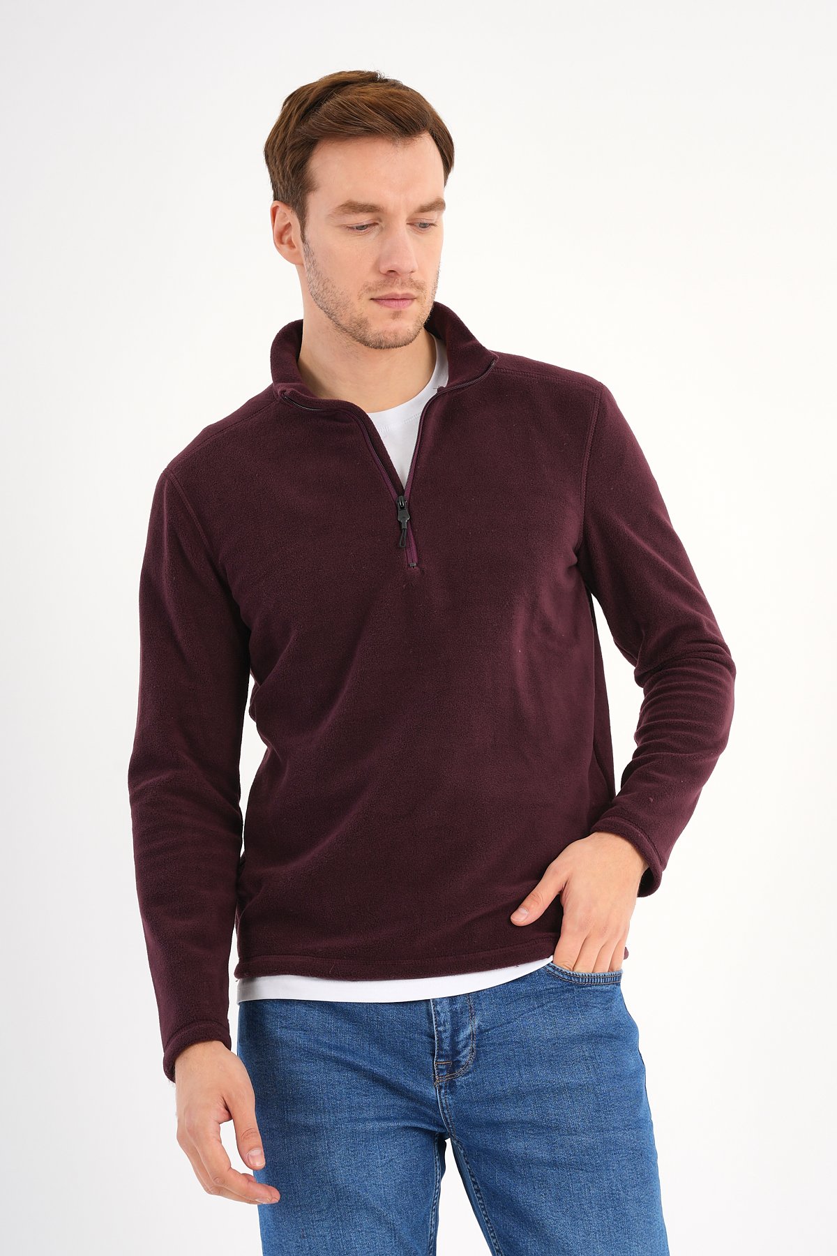 Bordo Polar Sweatshirt Erkek Dik Yaka