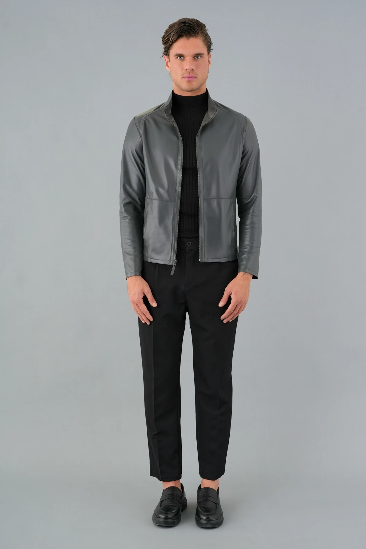 Denzel Gri Erkek Deri Mont