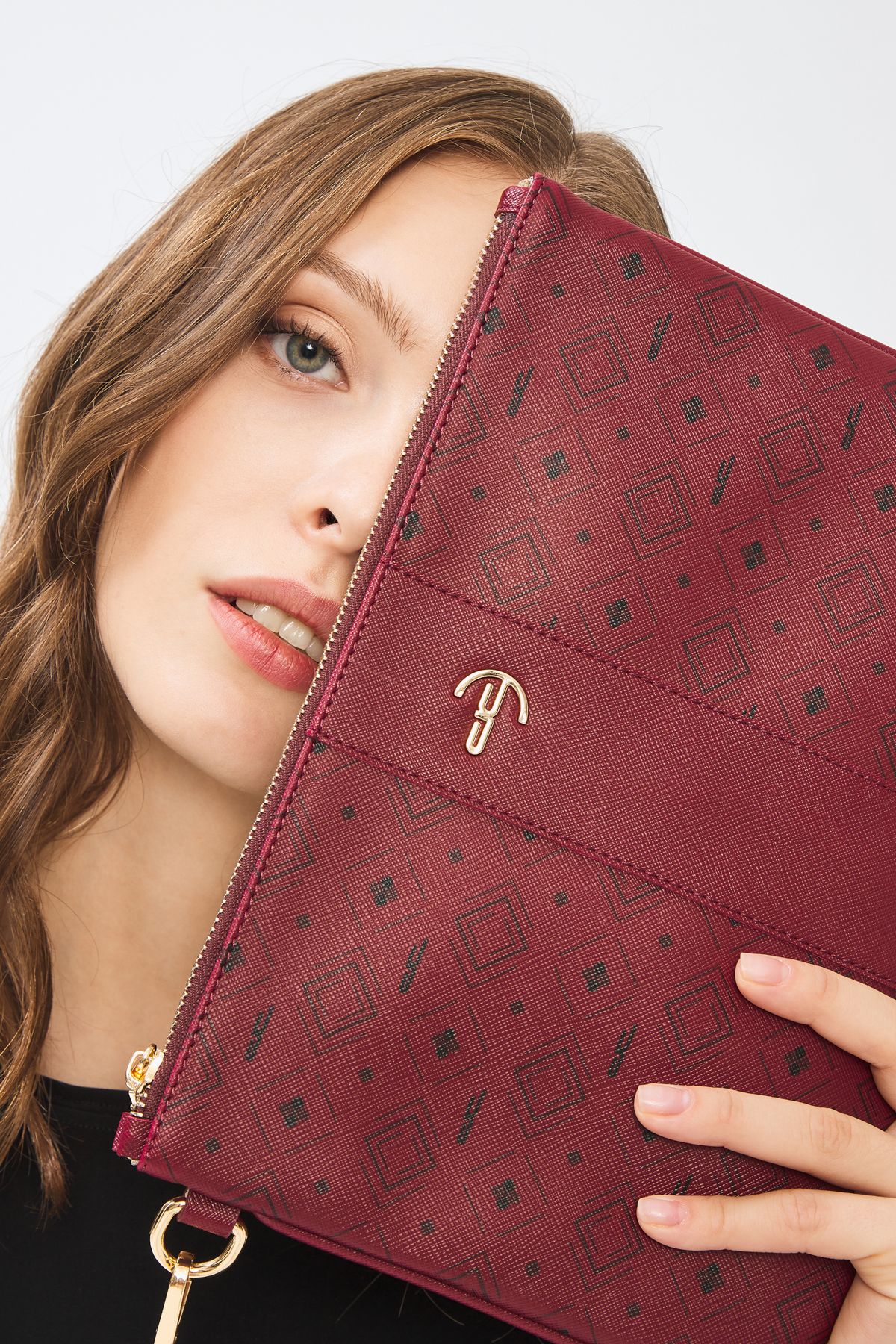 Kadın Basic Clutch Çanta Monogram Desenli Şeritli Logolu Bordo