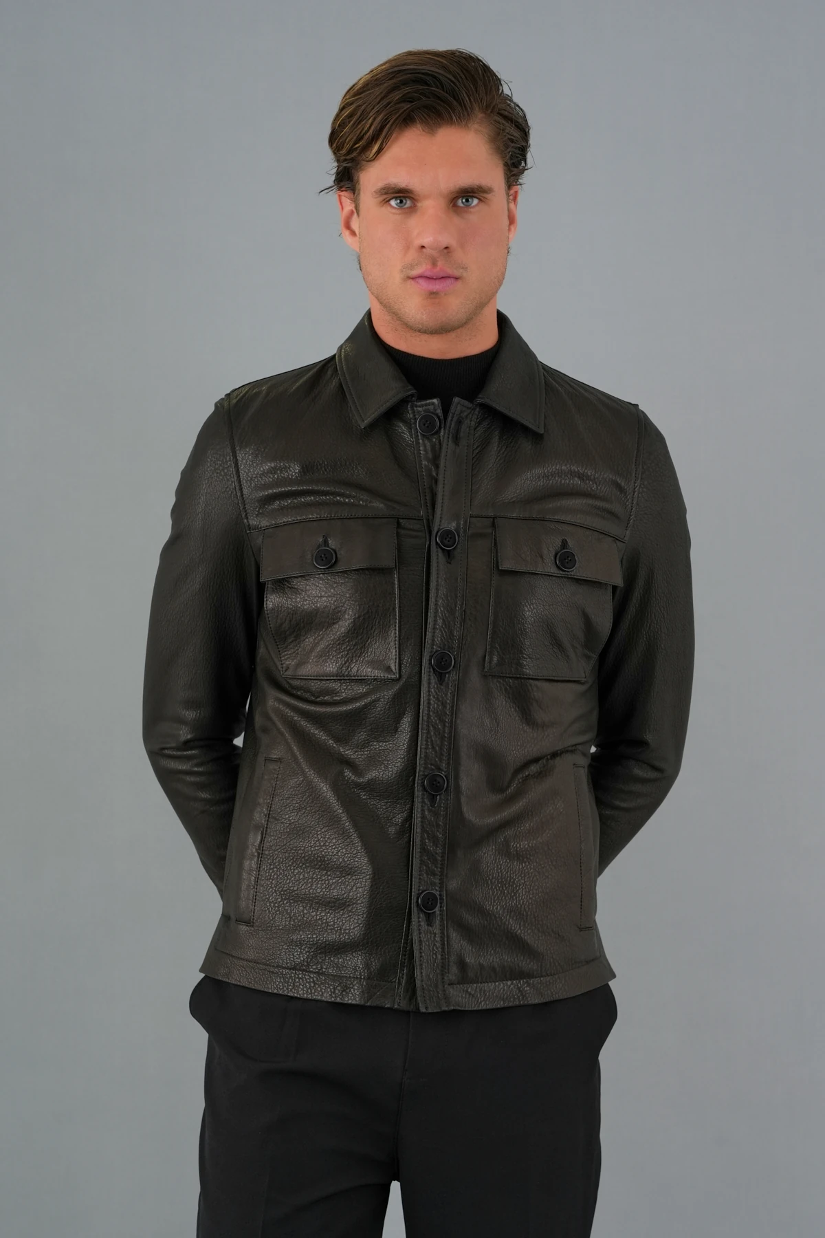 Carlos Siyah Erkek Deri Gömlek