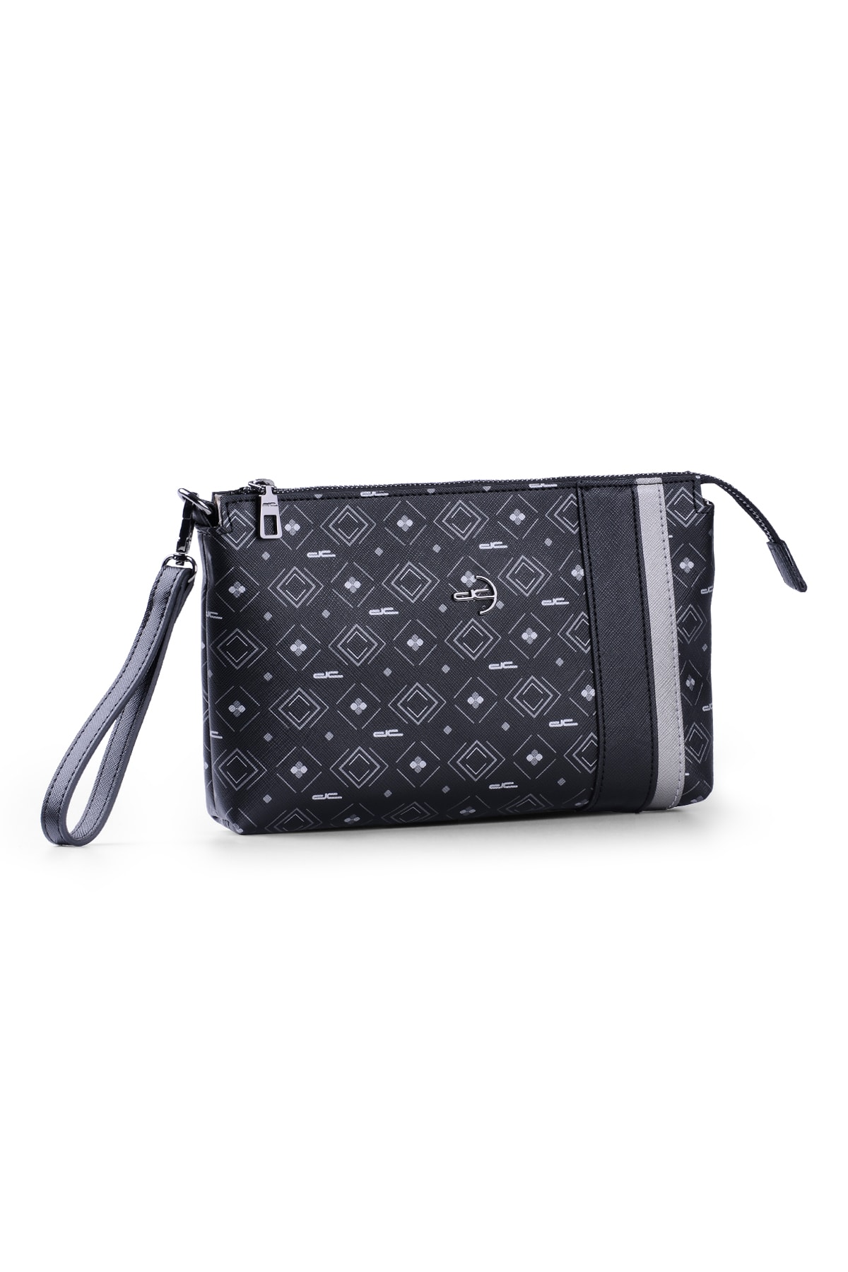 Kadın Basic Clutch Çanta Monogram Desenli Şeritli Siyah Gri