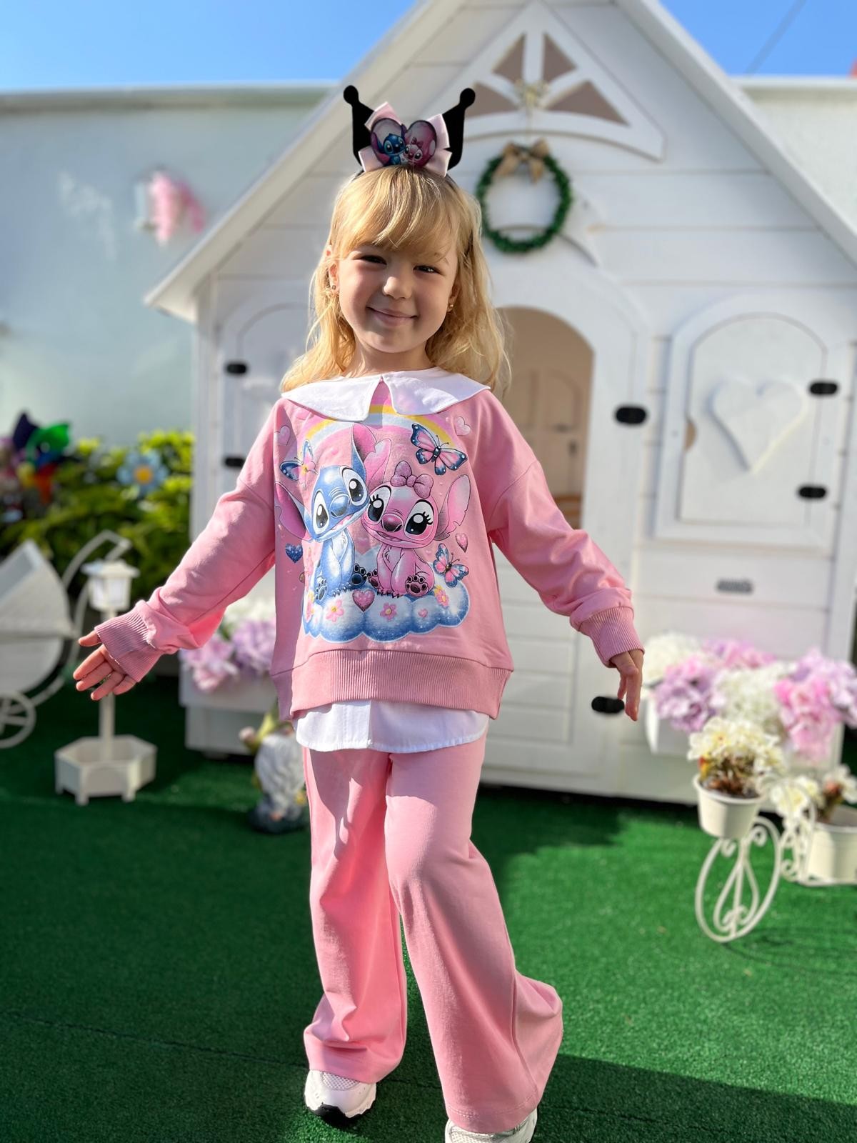 Pembe Stitch 2 İplik Sweatshirt ve Bol Paça Takım-Taç Hediyeli