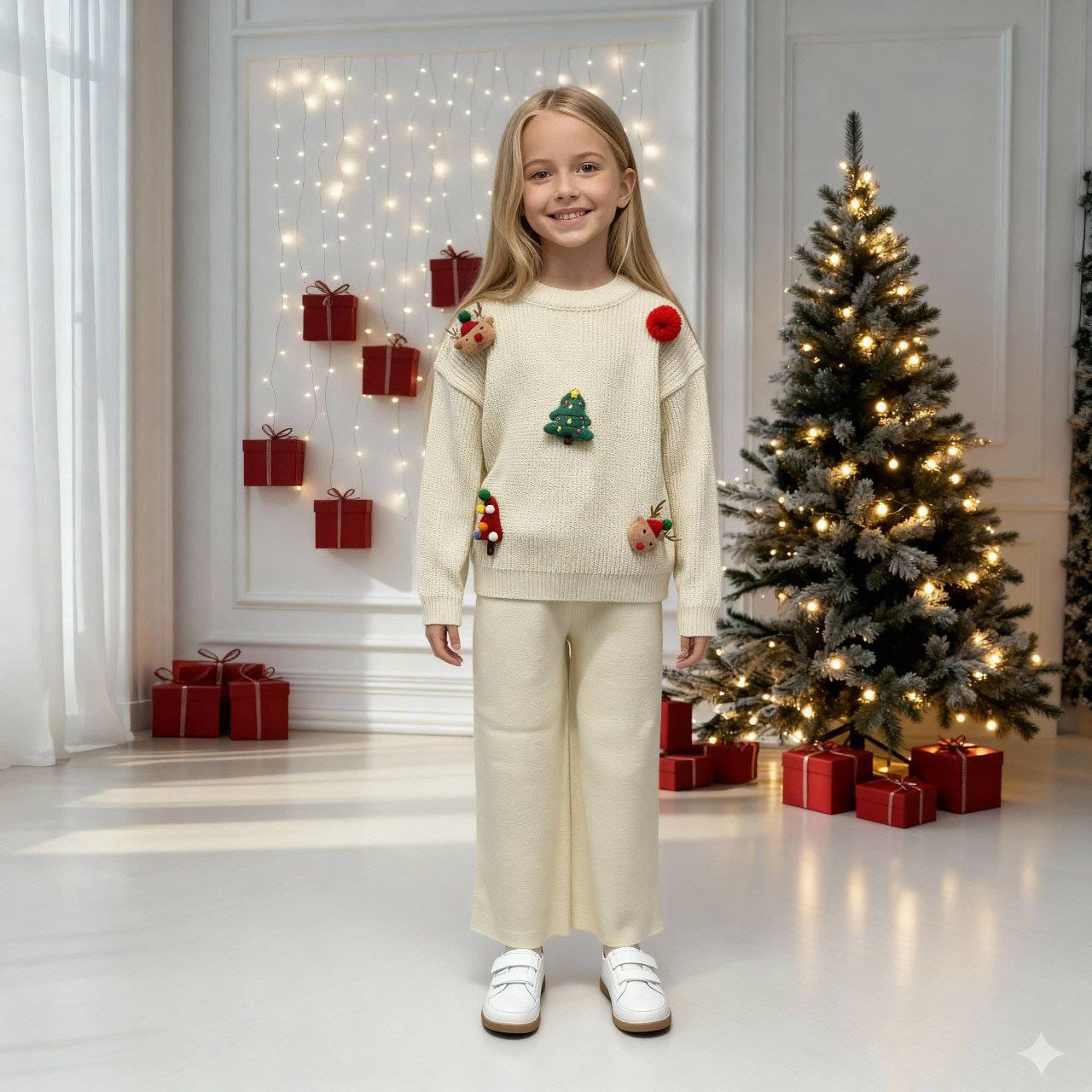 Krem Yılbaşı Temalı Triko Takım