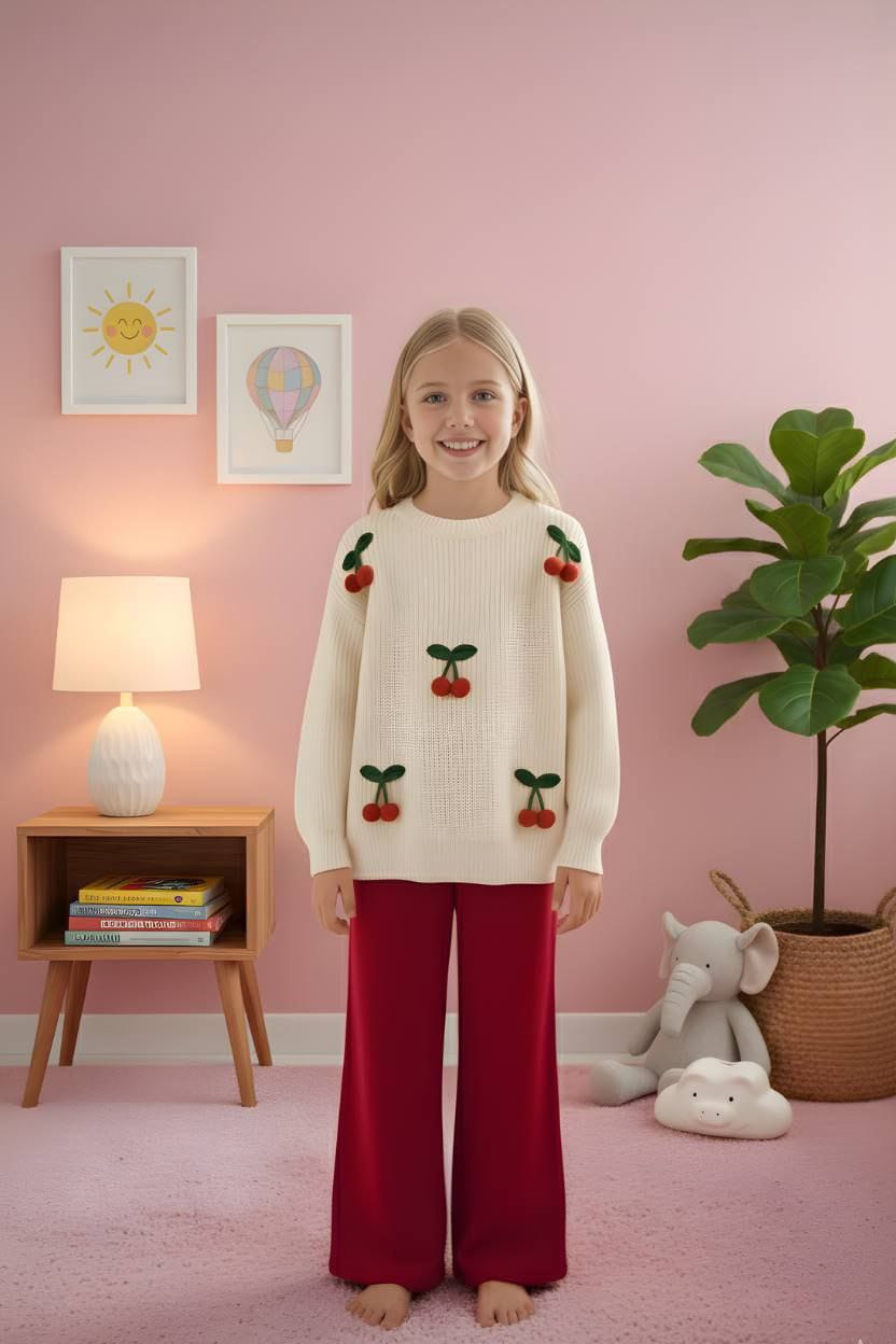 Krem Kiraz Detaylı Triko Takım