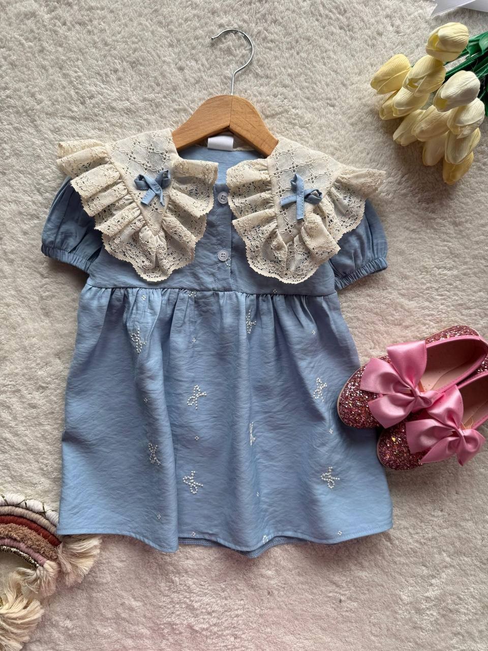 Mavi Yakalı Vintage Elbise