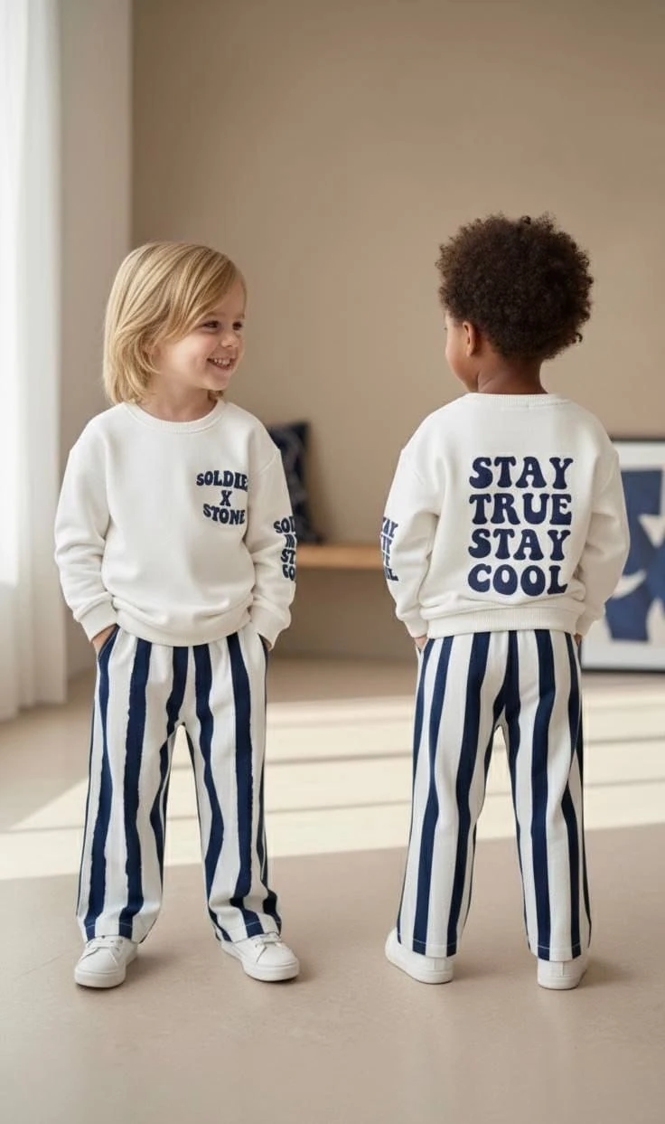 Beyaz Stay Cool Sloganlı Sweatshirt ve Çizgili Takım