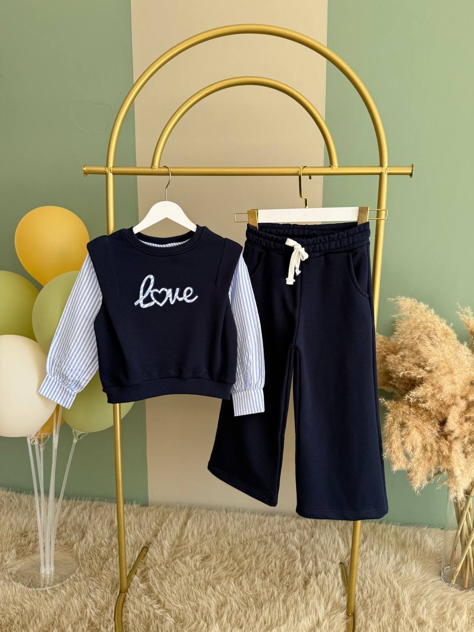 Gömlek Kol Detaylı 3 İplik Love Takım-Lacivert