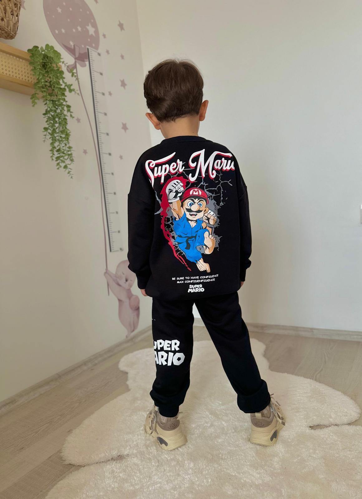 Siyah Süper Mario 3 İplik Sweatshirt ve Eşorfman Takım