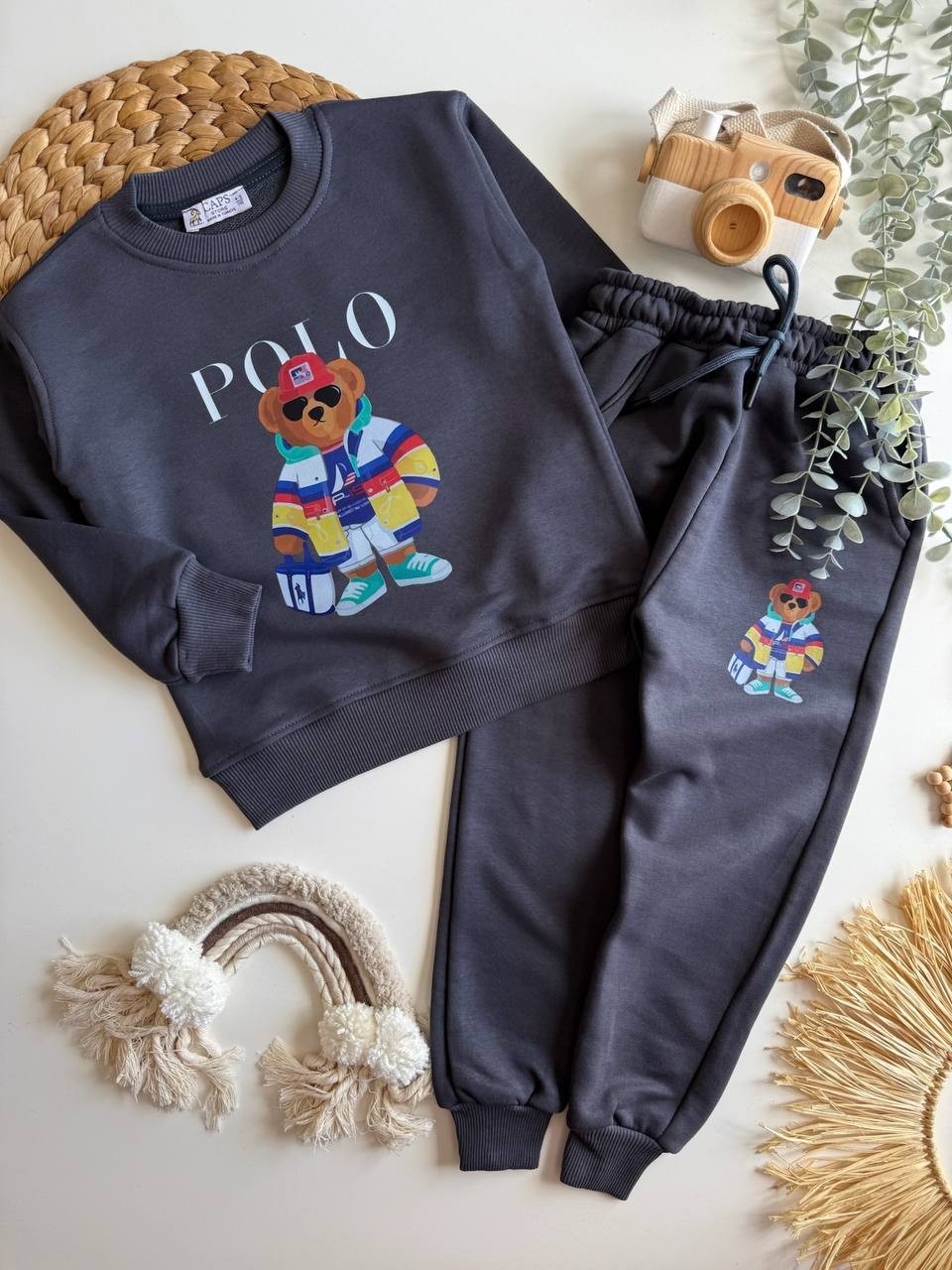 Marka Teddy Bear 3 İplik Sweatshirt ve Eşorfman Takım-Gri
