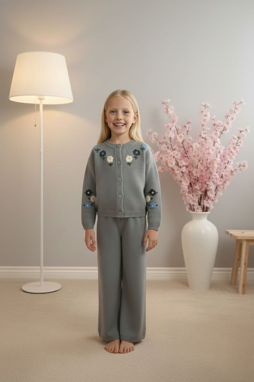 Gri Çiçekli Triko Takım