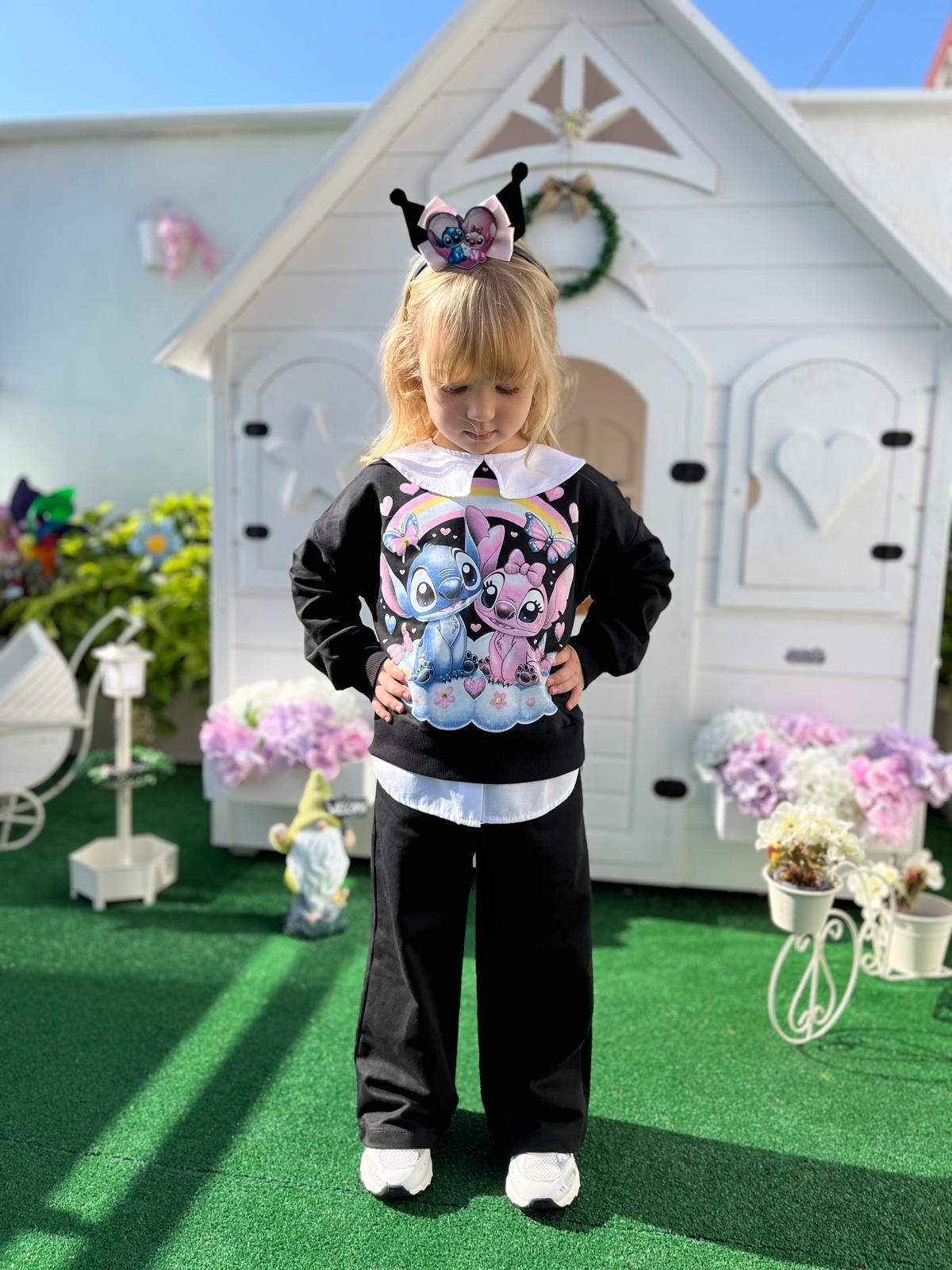 Siyah Stitch 2 İplik Sweatshirt ve Bol Paça Takım-Taç Hediyeli