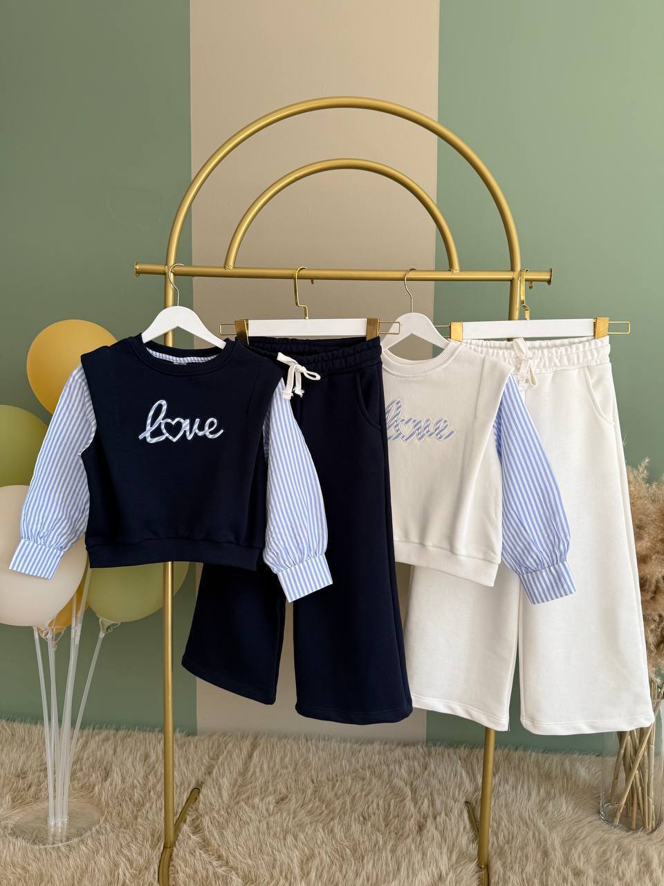 Gömlek Kol Detaylı 3 İplik Love Takım-Beyaz