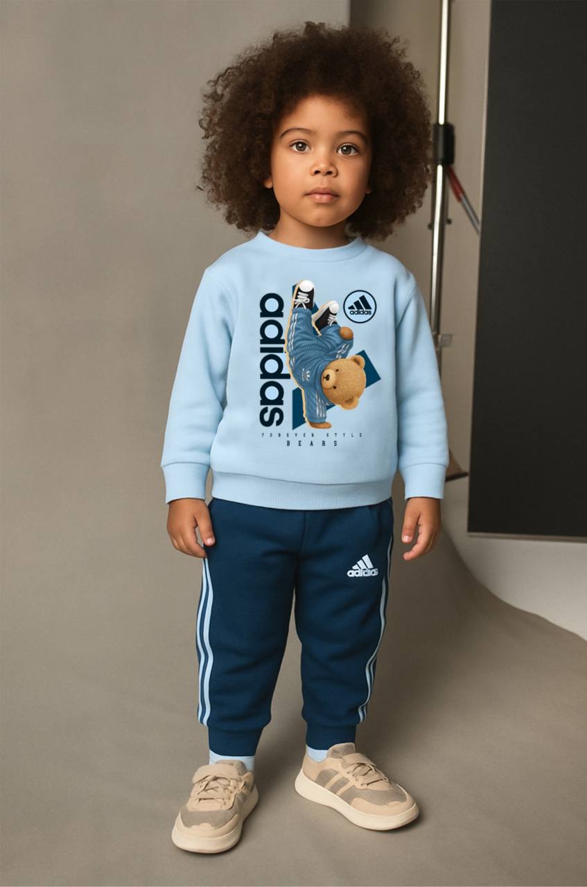 Ayıcık Desenli 3 İplik Eşorfman Takım-Mavi