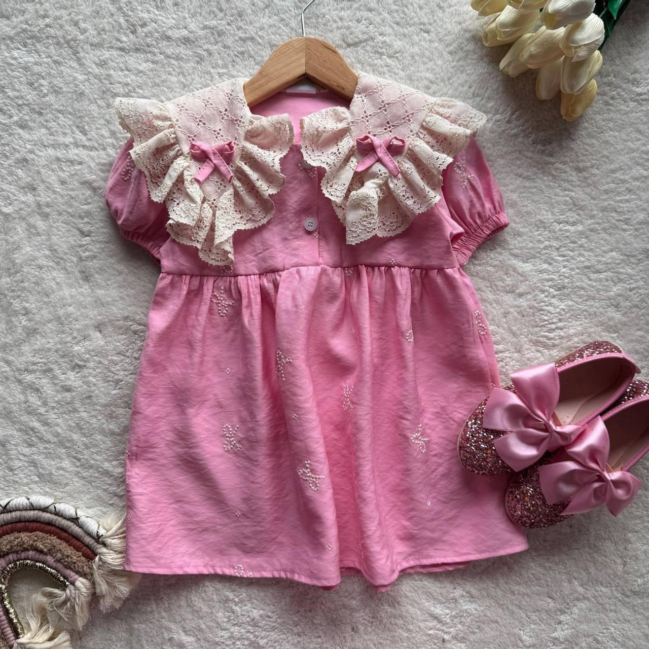 Pembe Yakalı Vintage Elbise
