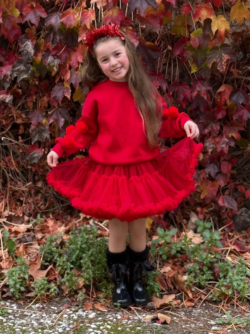 Kırmızı 3 İplik Sweatshirt ve Tütü Etekli Takım