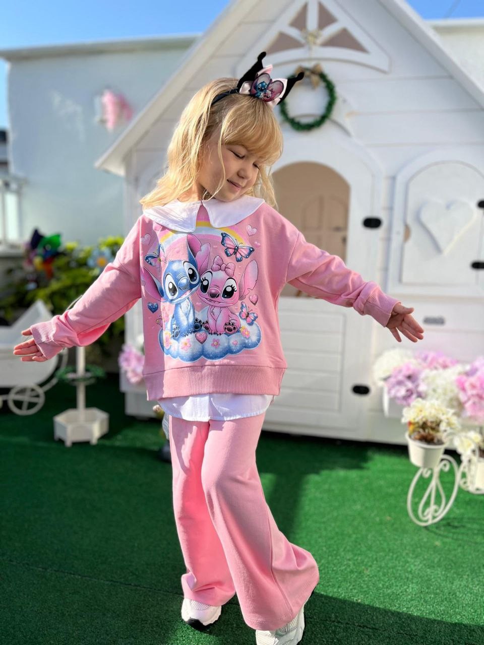 Pembe Stitch 2 İplik Sweatshirt ve Bol Paça Takım-Taç Hediyeli