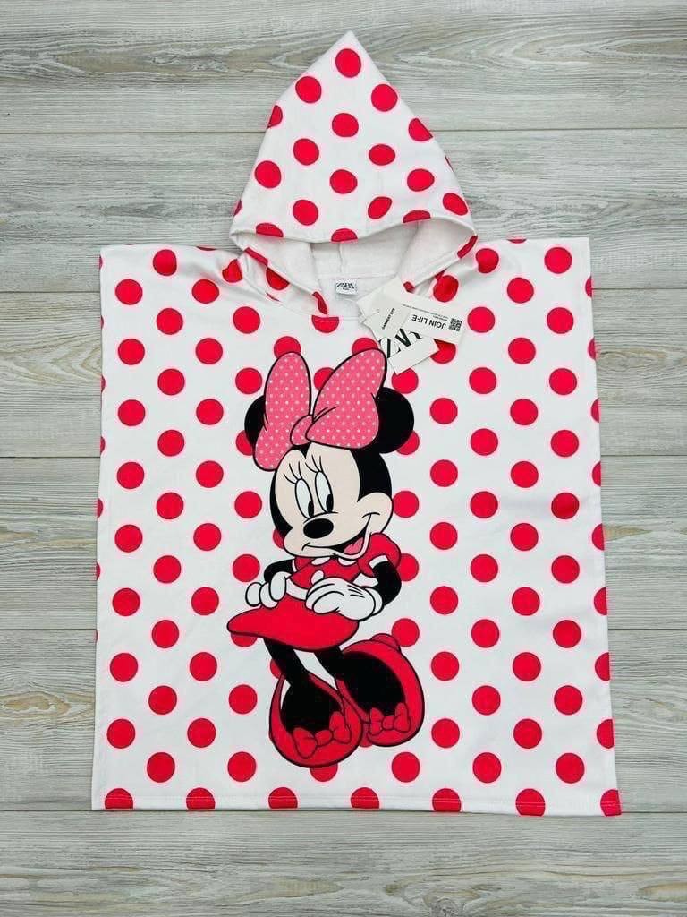 Minnie Mouse Kapüşonlu Kız Çocuk Panço Havlu – Pembe Puantiyeli