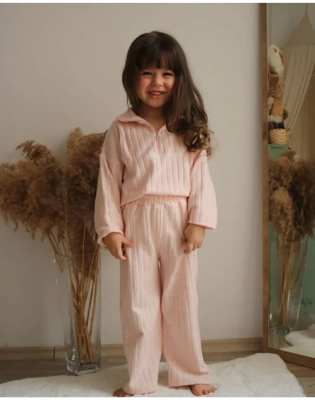 Pembe Pamuklu Sweatshirt ve Bol Paça Takım