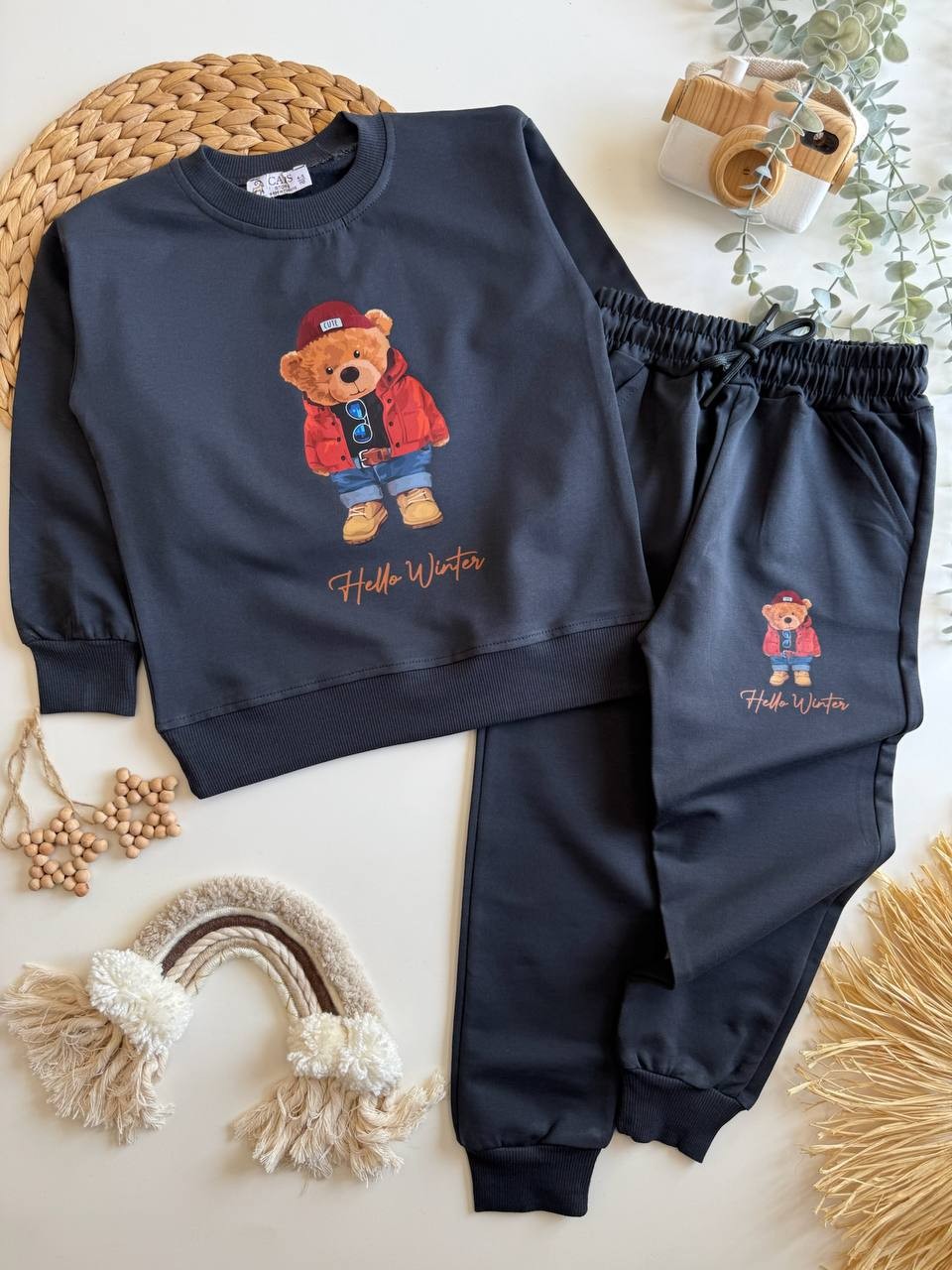 Antrasit Teddy Bear 2 İplik Sweatshirt ve Eşorfman Takım 