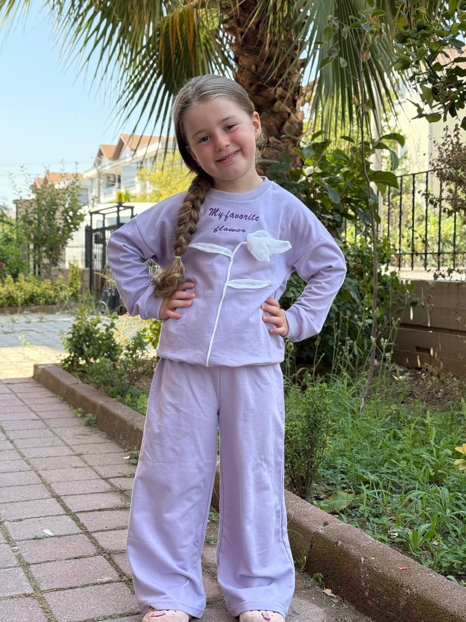 Lila Çiçekli 2 İplik Sweatshirt ve Bol Paça Takım