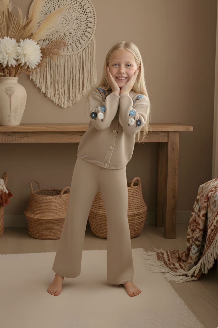 Krem Çiçekli Triko Takım