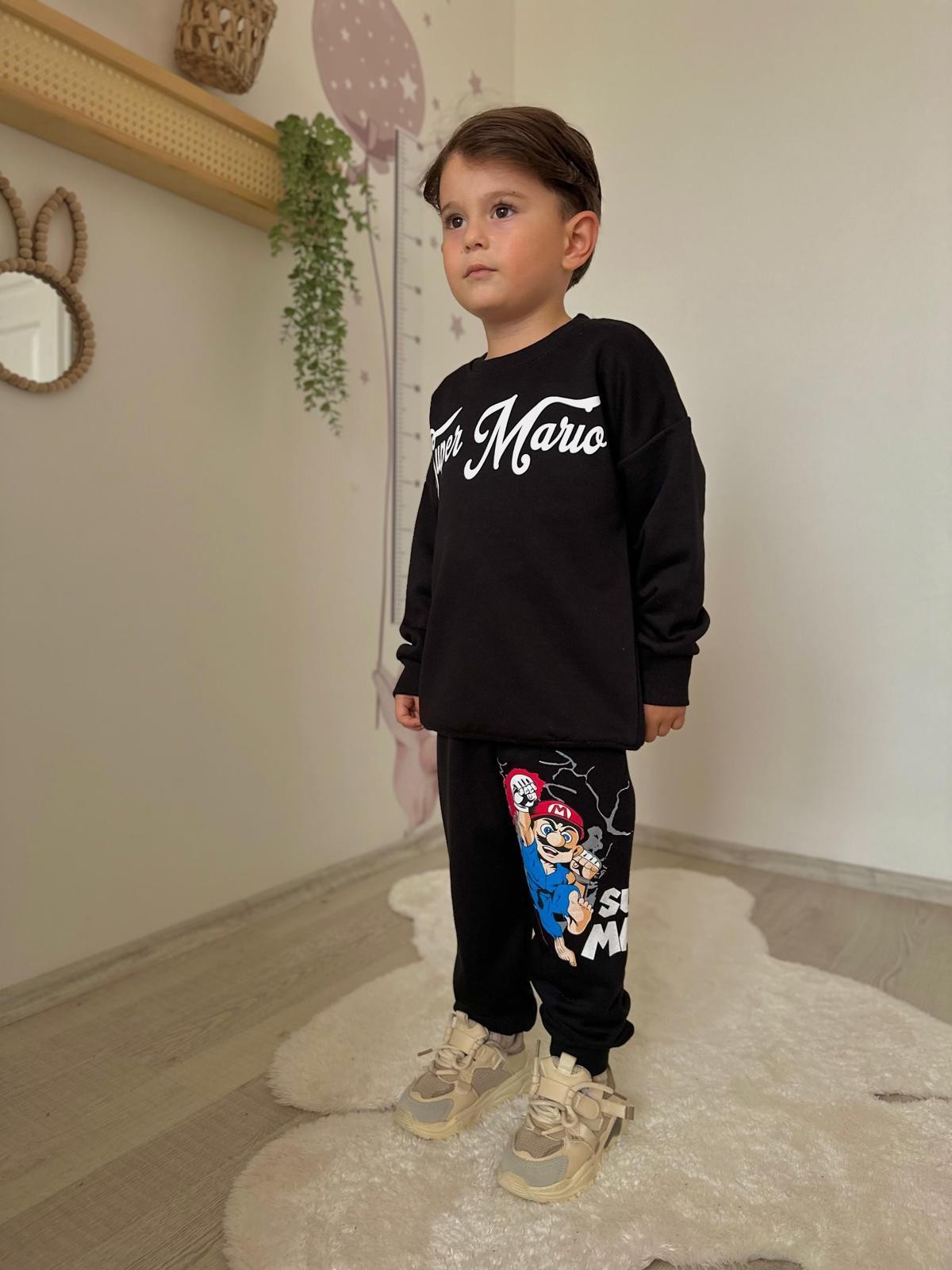 Siyah Süper Mario 3 İplik Sweatshirt ve Eşorfman Takım